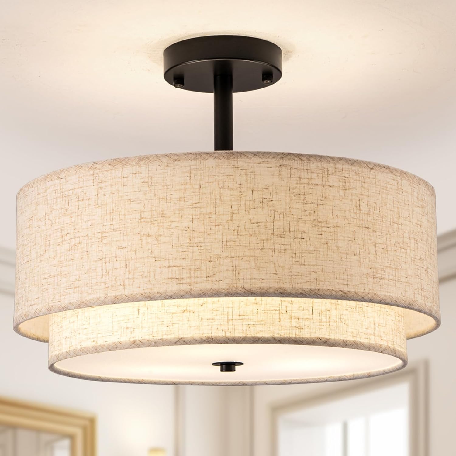 Drum Semi Flush Mount Ceiling Light, 16 inch 3 Lights Ceiling Light Fixture with 2-Layer Fabric Shade, Black Farmhouse Drum Ceiling Lighting for Bedroom Hallyway Dining Room Kitchen