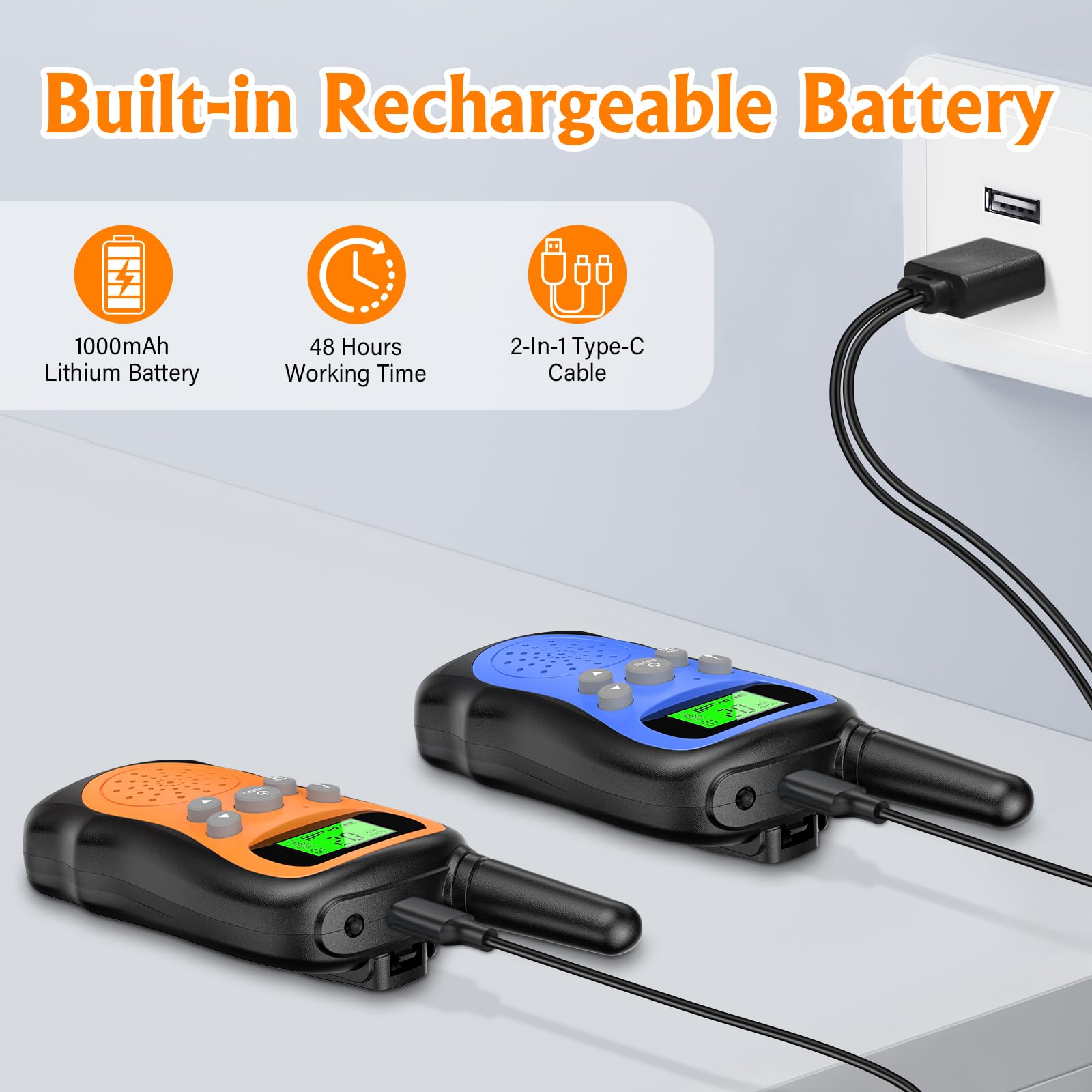 Talkie Walkie Enfants Rechargeable, Pakinui Talkie Walkie Longue Portée 3 KM avec Batterie 1000mAh, Ensemble de 2 Talki Walki avec Lampe de Poche VOX pour l'extérieur, Le Camping, La Randonnée - 3