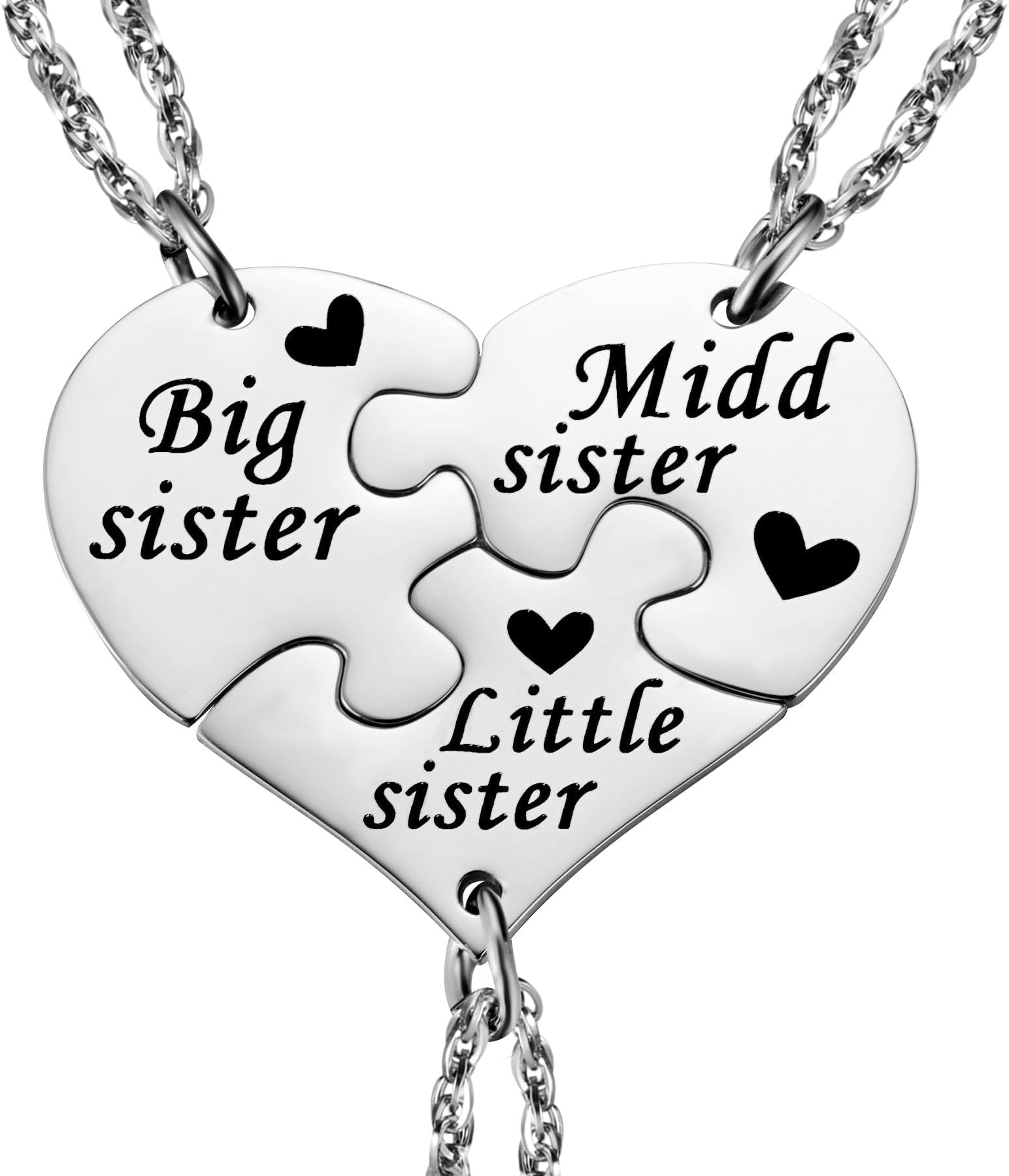 AesnefeSister Necklaces for 3 Big Sis Mid Sis Lil Sis Matching Heart Necklace Set BFF Best Friends Necklaces for 3 Sister Friendship Birthday Jewelry Gifts for Sister Teen Girls Women, Small,