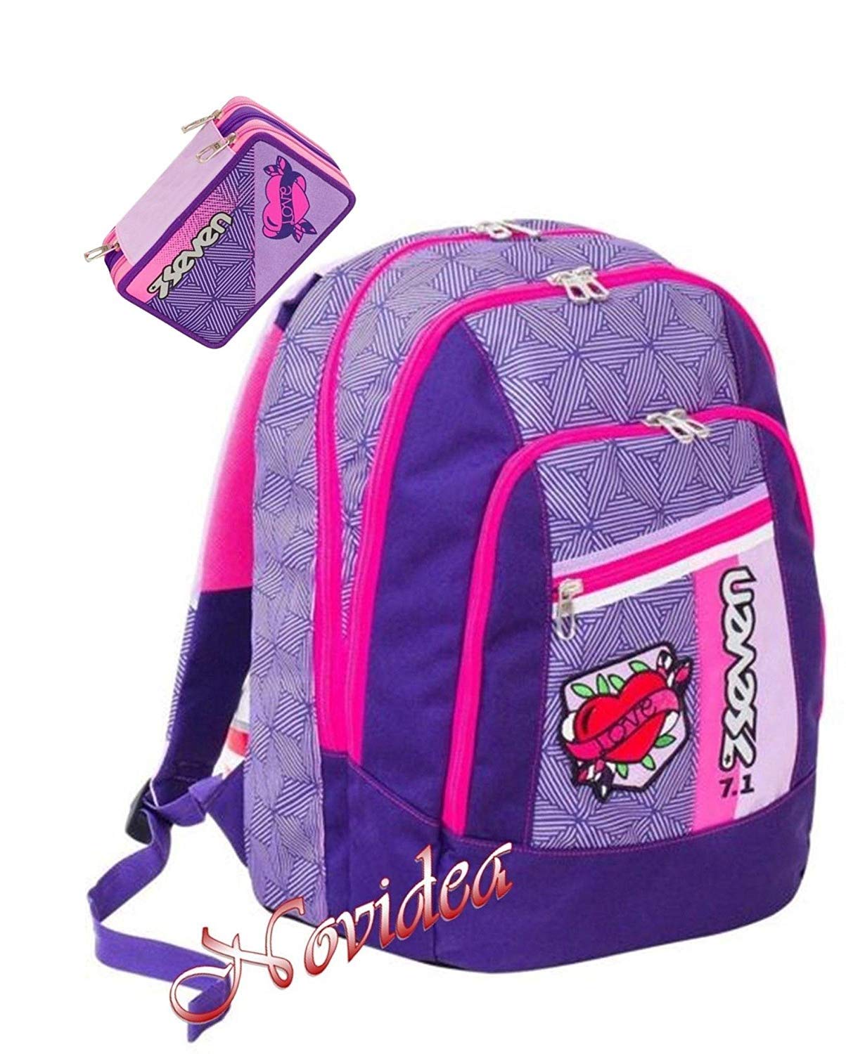 ZAINO SCUOLA SEVEN NEW ADVANCED REBEL GIRL VIOLA + ASTUCCIO 3 ZIP SCHOOLPACK