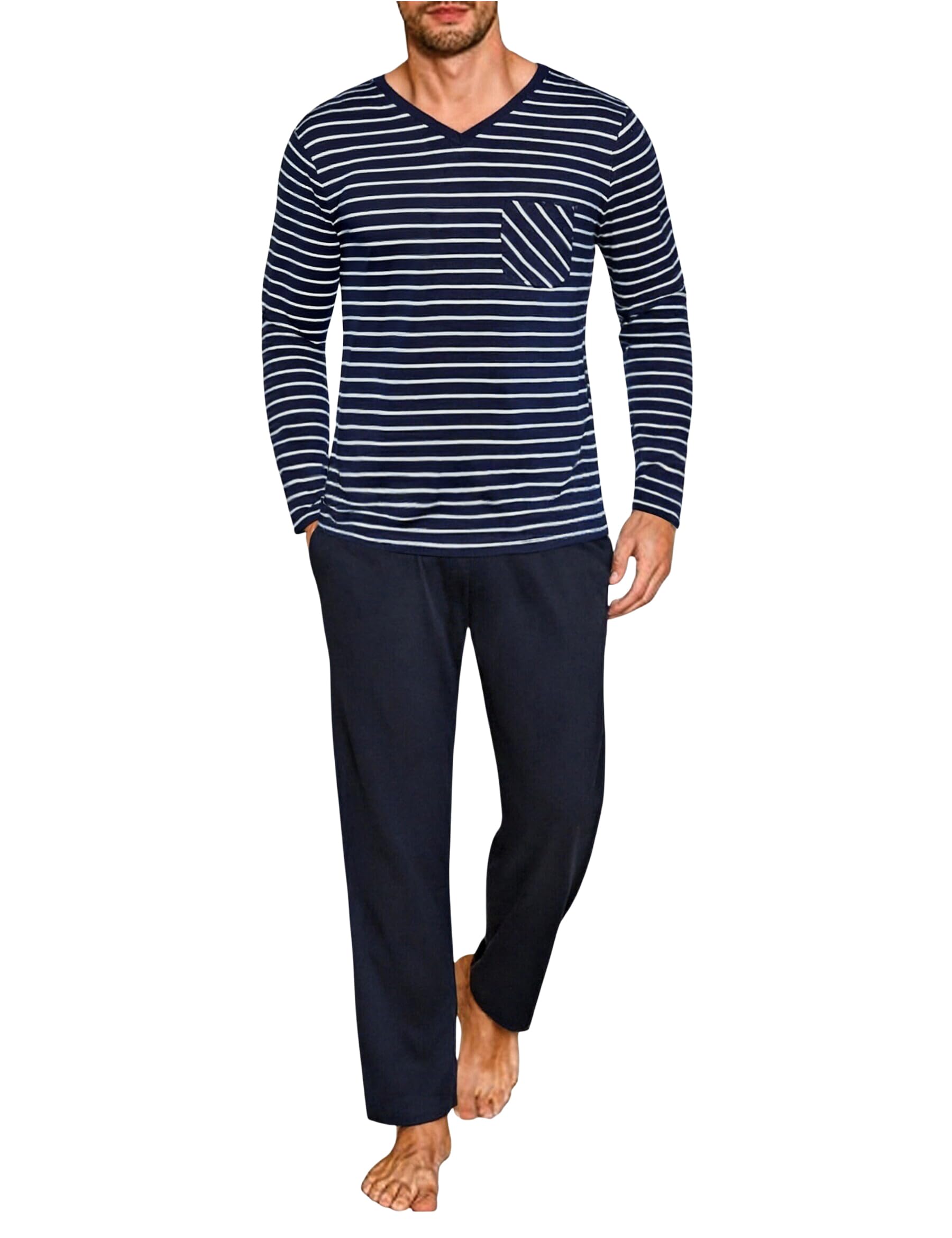 Demegimi Herren Schlafanzug Lang Pyjama Baumwolle Winter Hausanzug Zweiteilige Pyjamas mit Langarmshirt und Pyjamahose für Männer
