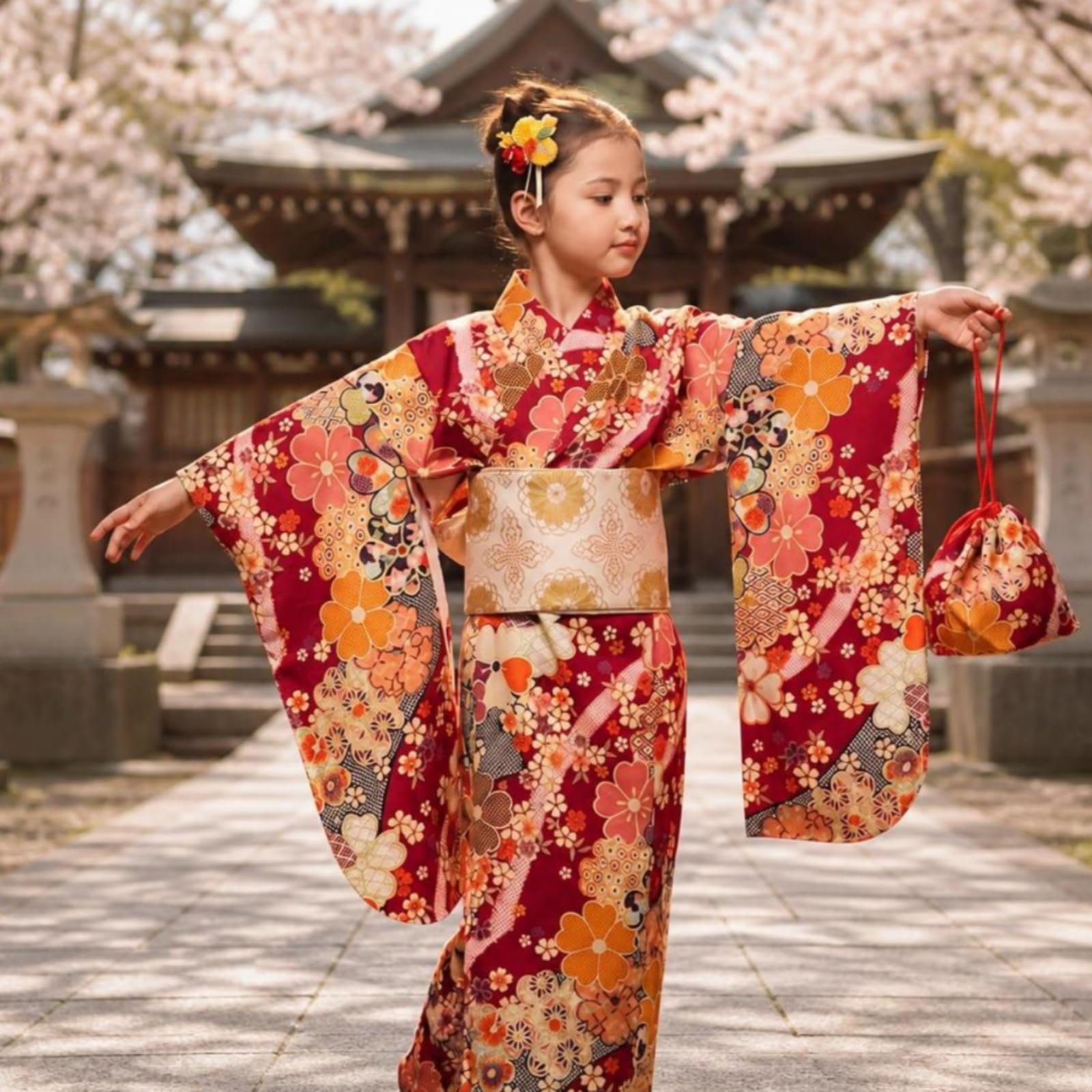 Costume Kimono Bambini Kimono Robe Cintura Obi Borsetta Accessorio Capelli in Poliestere con Maniche Ampie E Chiusura Regolabile Adatto a Eventi, Numeric_100, Regular