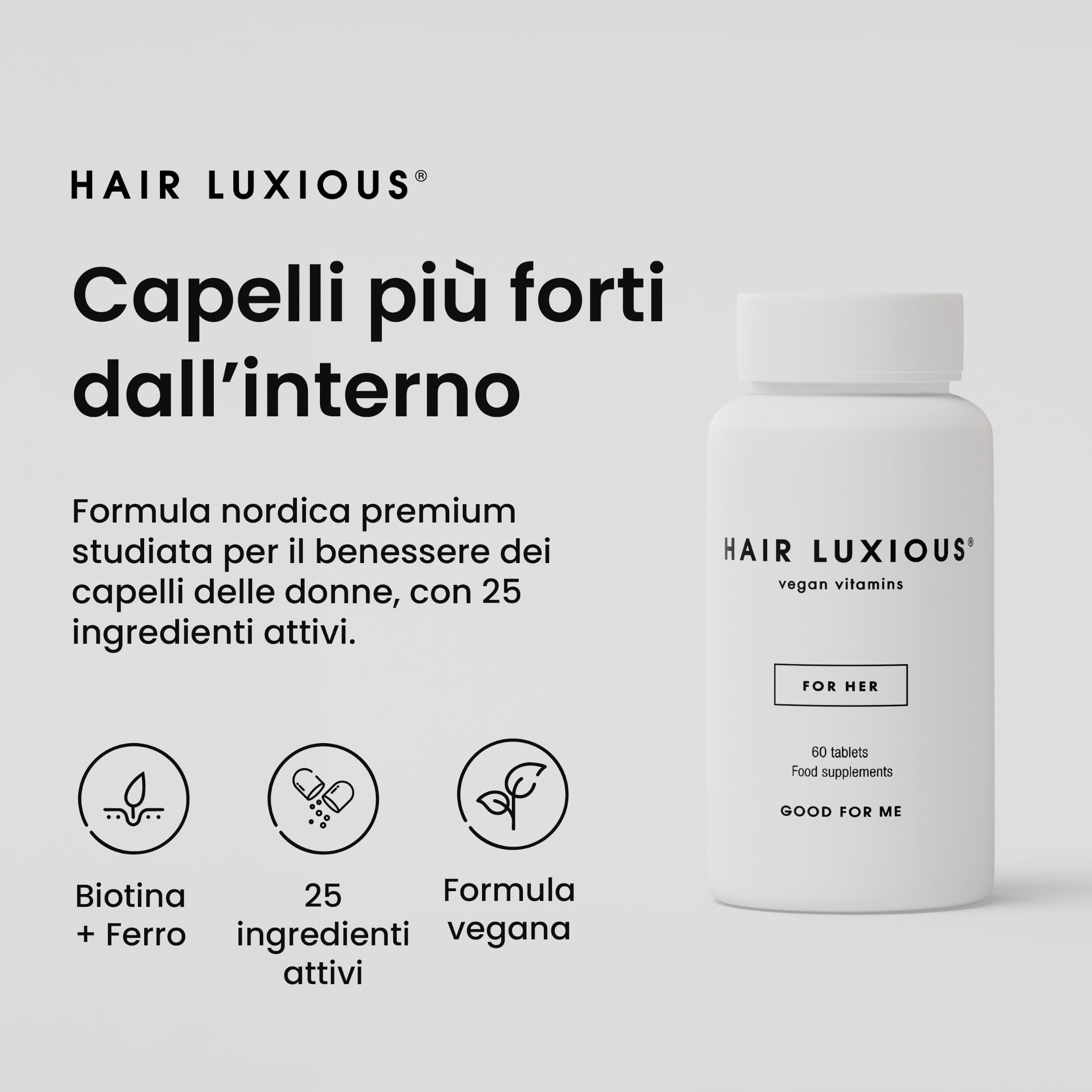 Integratori per Capelli Donna con Biotina 2500mcg, Migliora la Crescita Capelli e Aiuta l'Anticaduta Capelli Donna, Hair Luxious® Integratore Capelli, Qualità Nordica Premium, 60 Compresse
