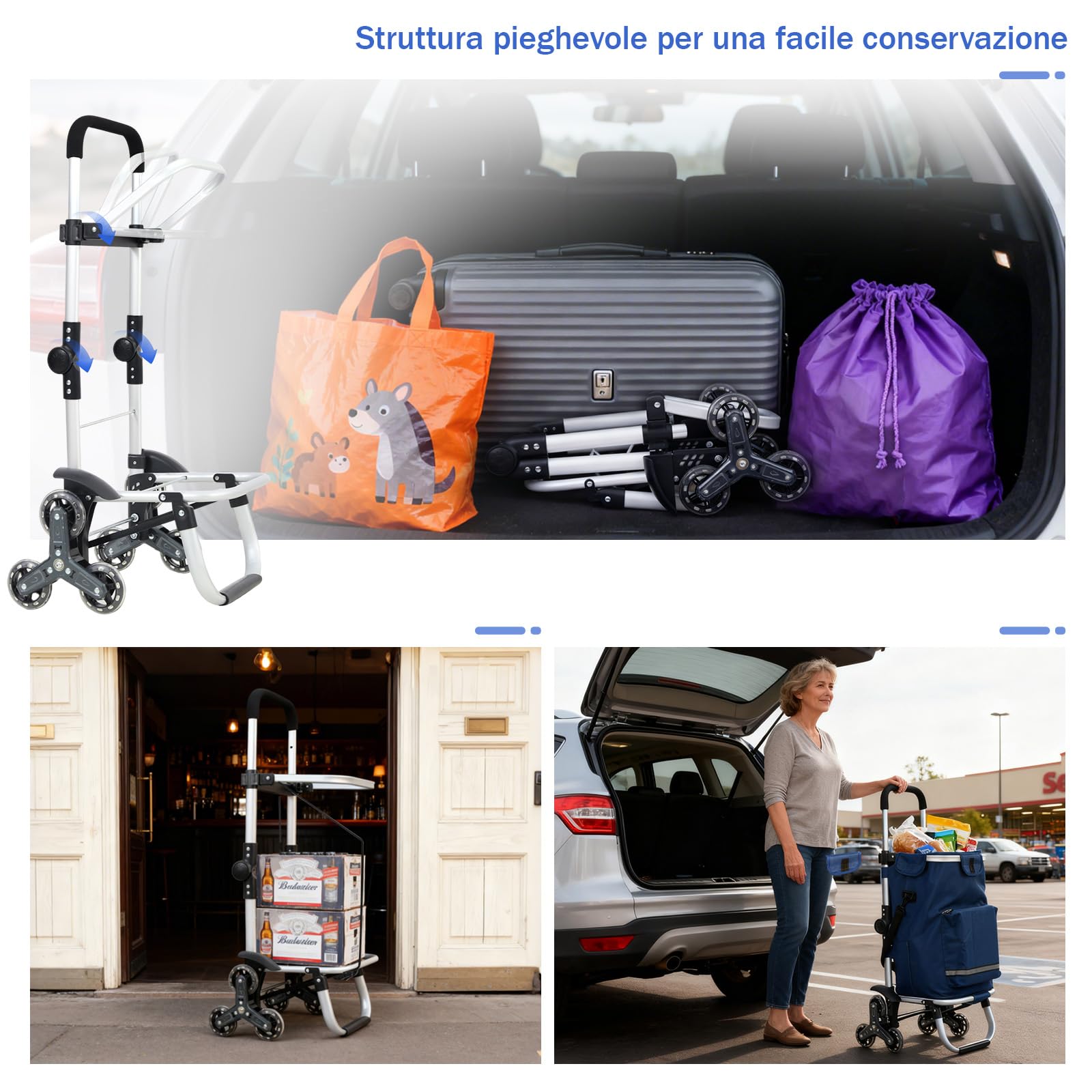 Sekey Carrello della Spesa Pieghevole con Funzione Saliscale, Carrello 3 in 1 con Borsa a Tracolla e 3 Ruote, Trolley e Carrello Ideale per Chi Vive in Città, la Spesa e il Campeggio – Blu