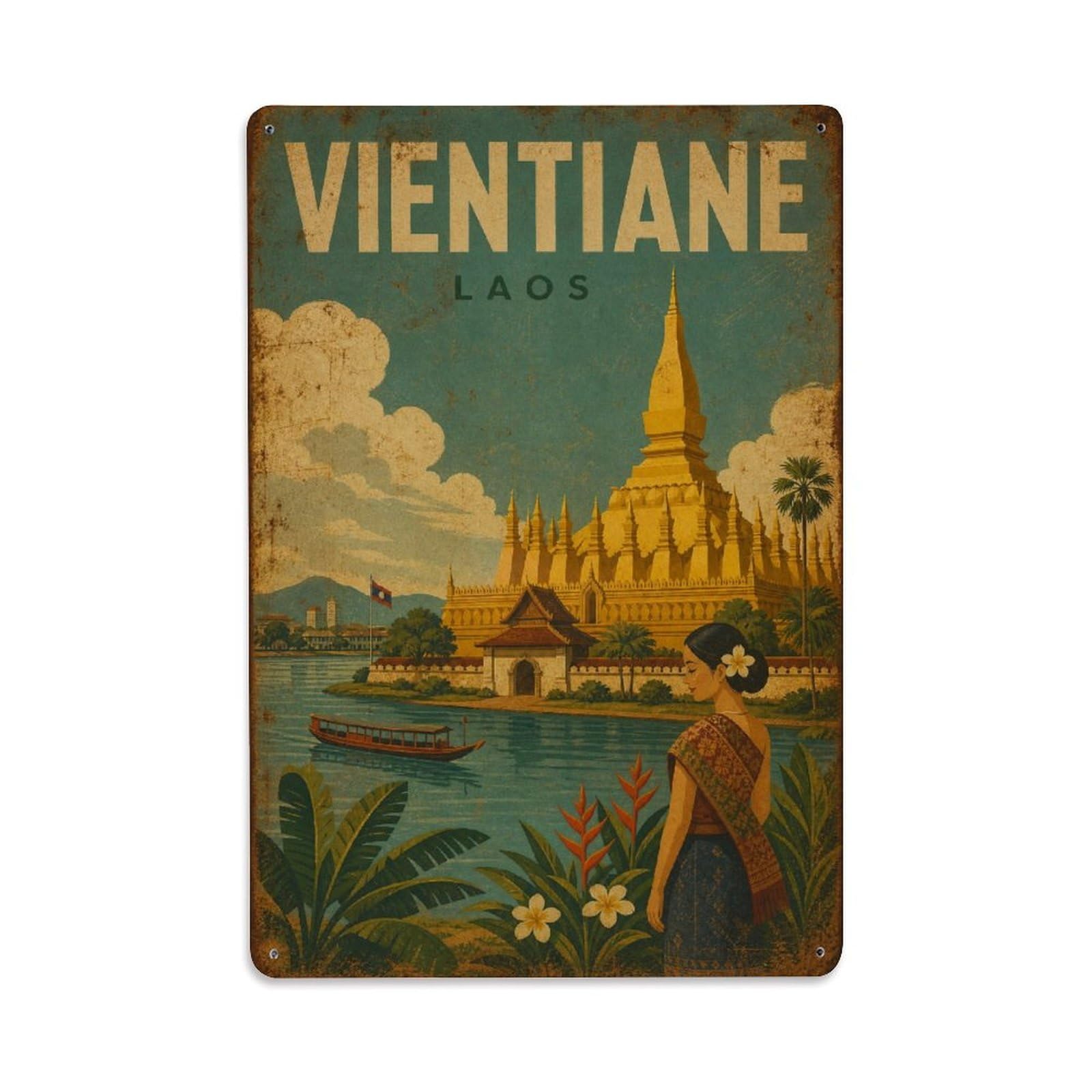 Vintage Vientiane Laos Heritage Travel City Metal Tin Sign