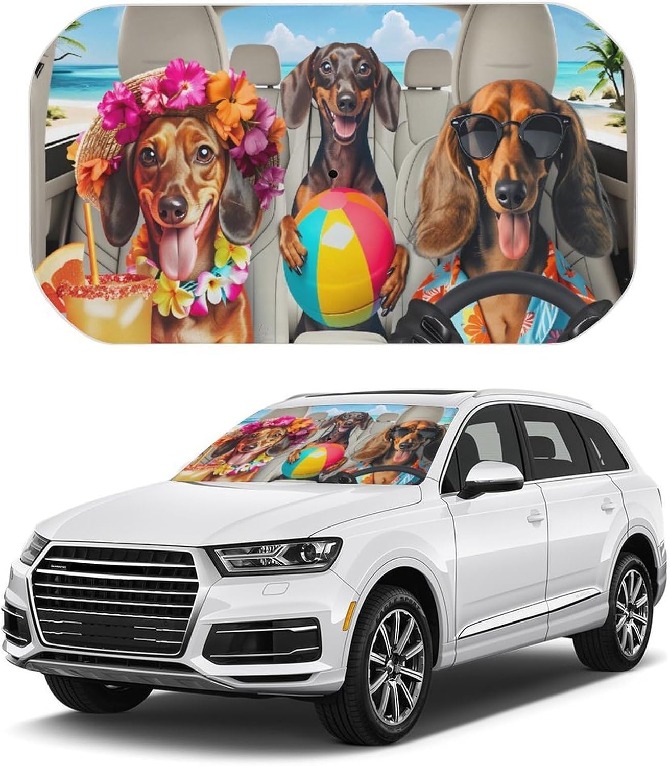 Dachshund Dogs Beach Vacation Car Seat Cover Car Sunshade Umbrella 52.4"x28.3",General Lightweight Portable Heat UV Protection Foldable Sun Visor Protector for Cars Trucks SUV Decor Accessories Gifts