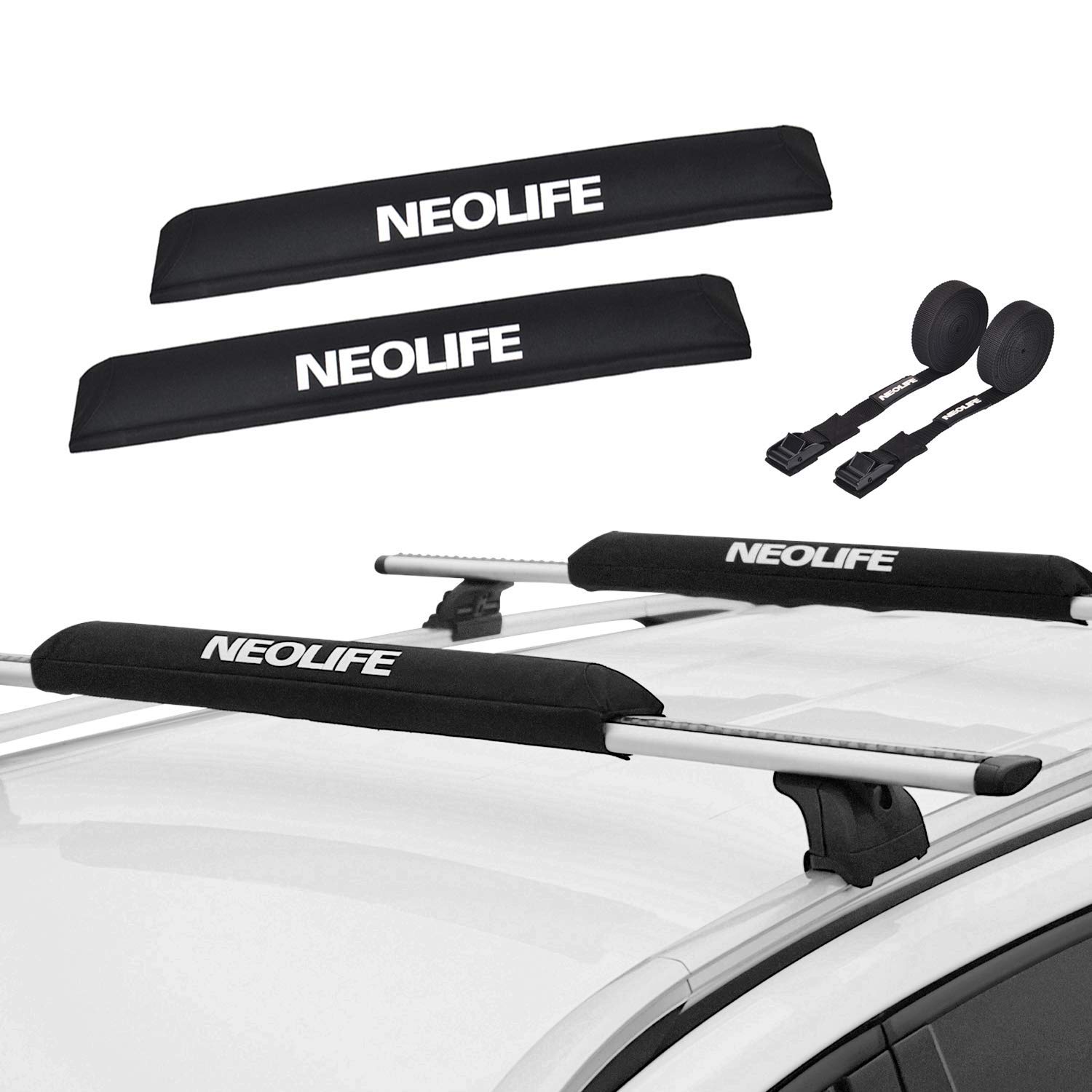 Soft Roof Rack Pads with Two 15 Ft Tie Down Straps for Surfboard, SUP Paddleboard, Snowboard, 28/34inch (Pair)