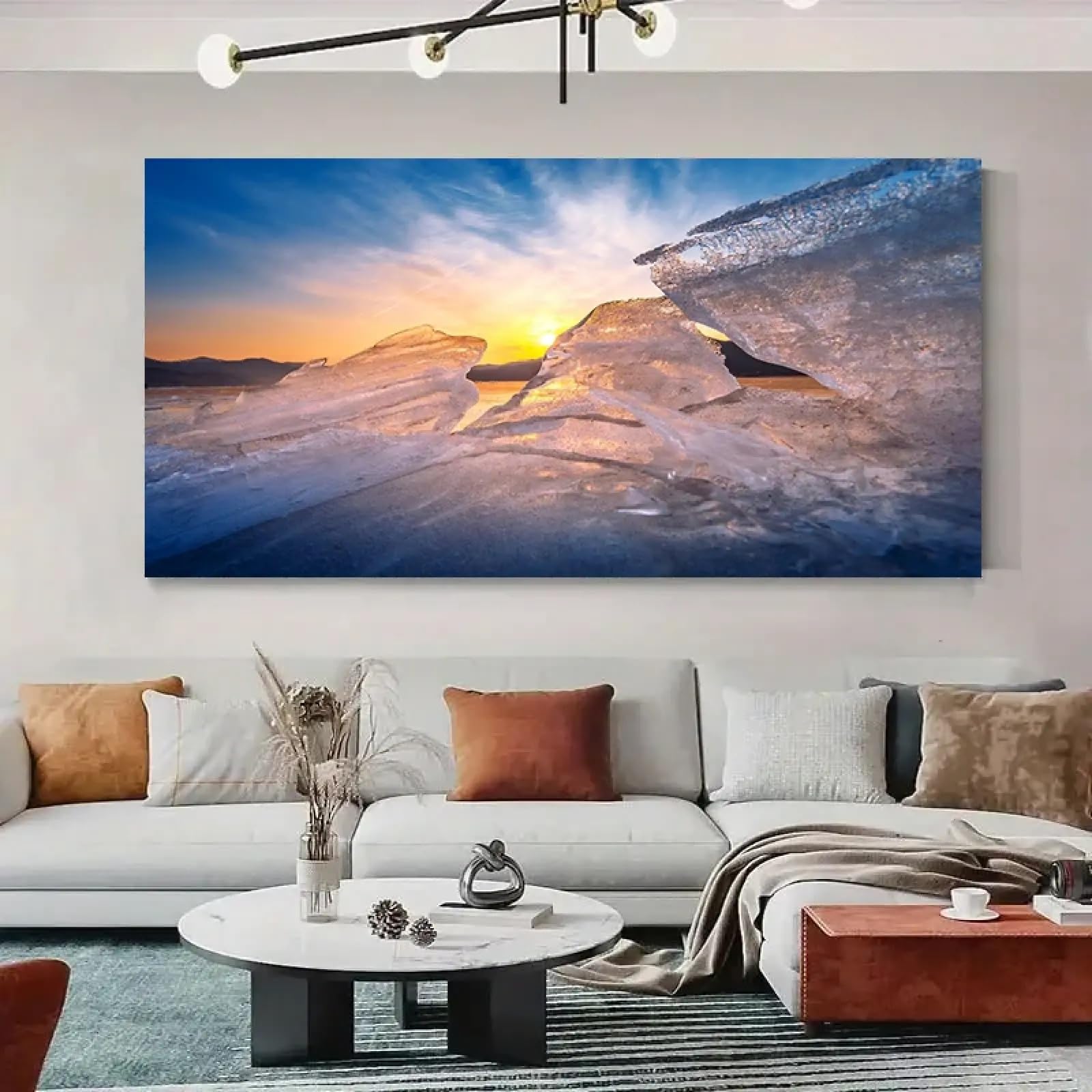 XINBAO Lienzo moderno con paisaje helado de Islandia, pósteres transparentes con luz solar y hielo, arte de pared para sala de estar, estudio, decoración, 60 x 120 cm, con marco