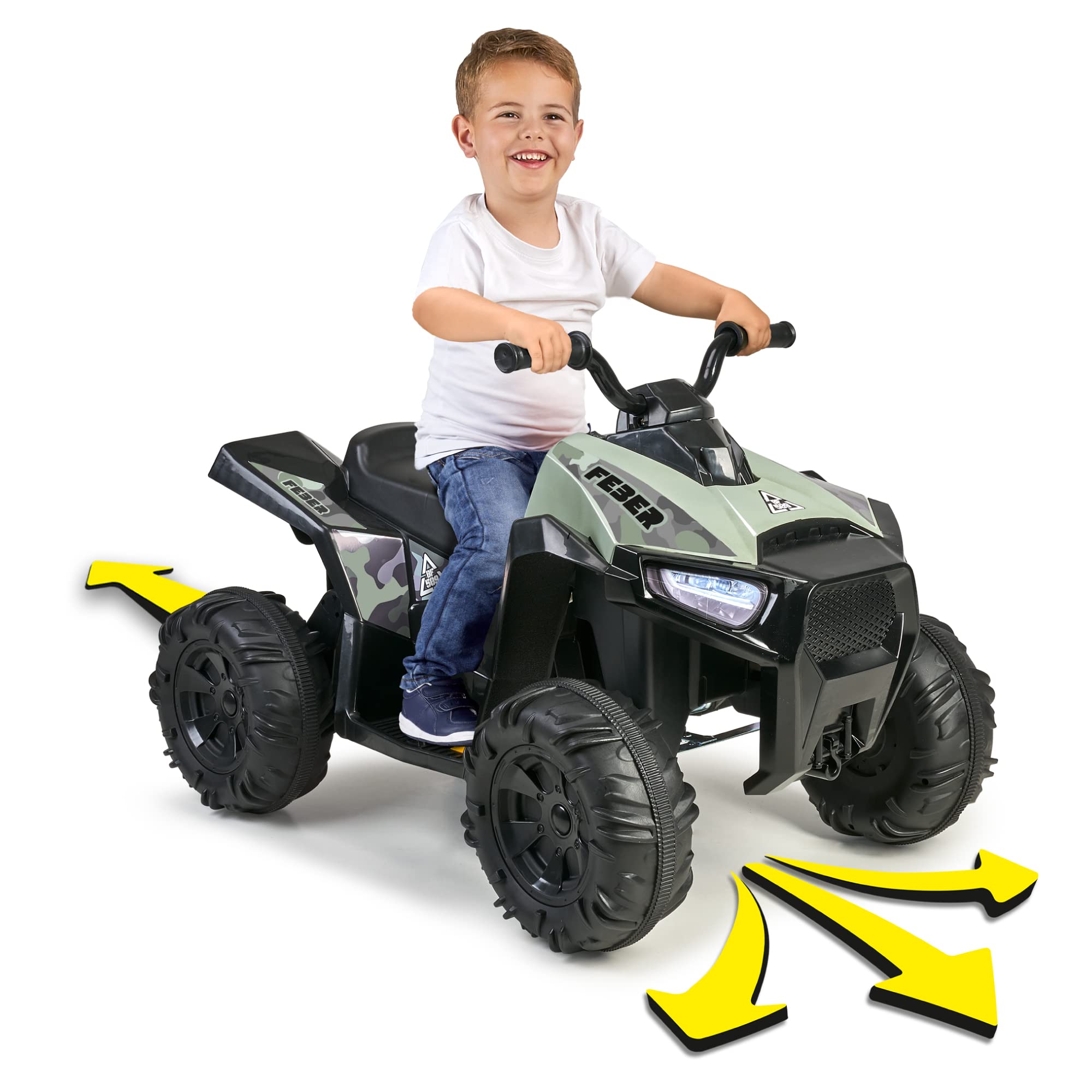 FEBER - Quad Boxer 12V, un posto, elettrico, con ruote larghe per maggiore stabilità e velocità massima 5 km/h, per bambine/i dai 3 anni, Famosa (FEN03000)