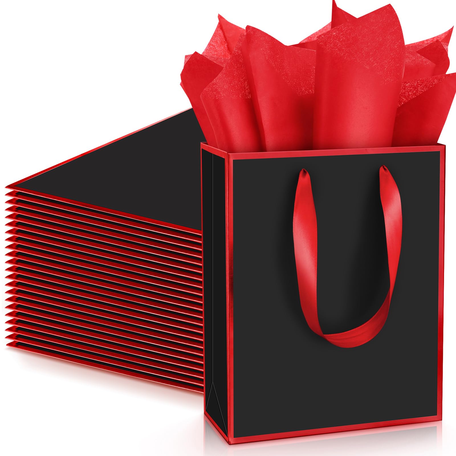 Yeaqee 24 Pack Metallic Paper Gift Bags with Handle and Tissue 9x7x3.1 Gold Foil Welcome Favor Bags Return Gifts for Wedding Fall 5 Senses Christmas Bridesmaid Birthday (Black, Dark Red)