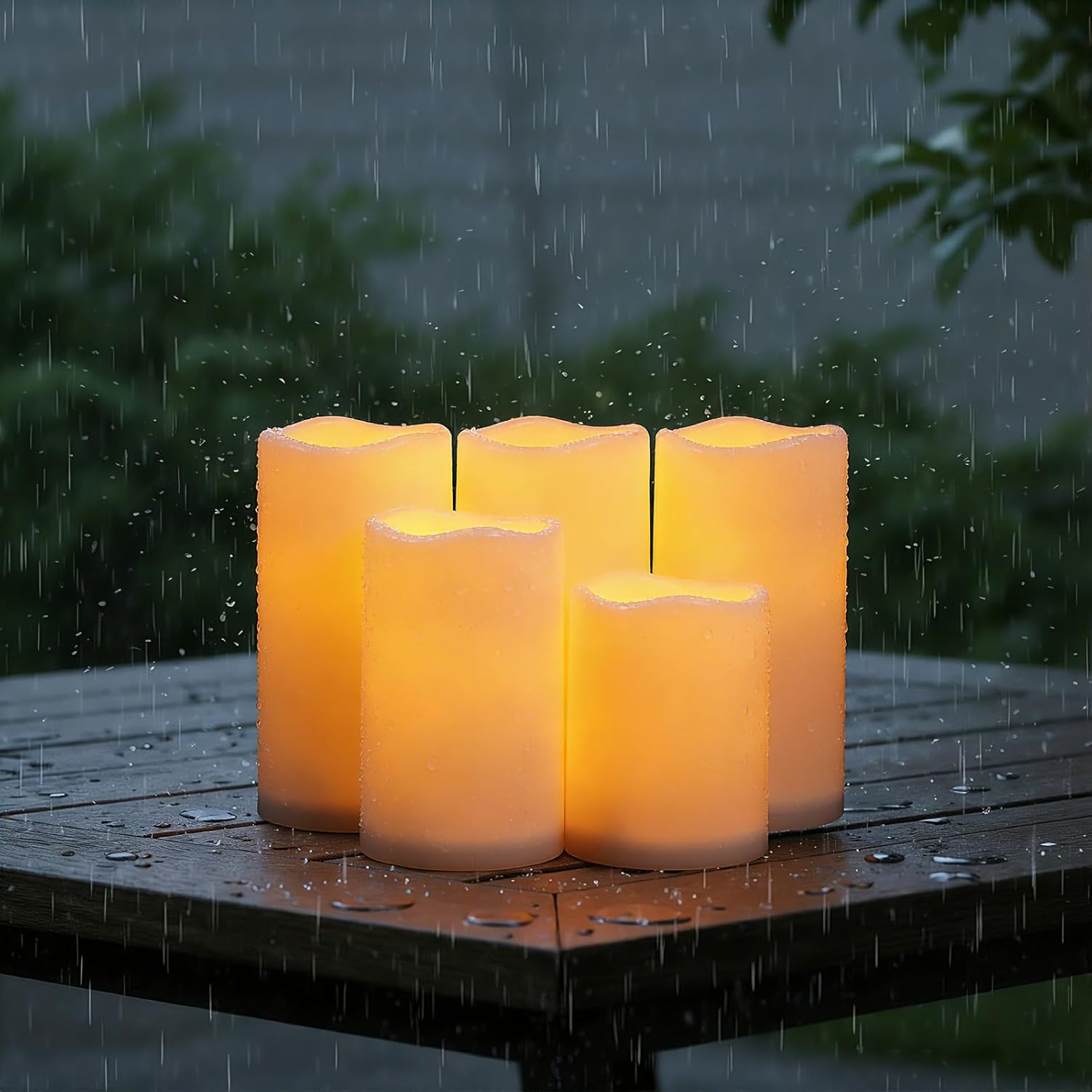 Raycare Outdoor Waterproof Flameless Candles-Auto Light Sensor Dusk to Dawn, Flickering LED Candle, Battery Operated Electric Fake Pillar Candle for Garden, Porch, Patio Decor, (D3 xH4 5" 6" 6" 6")