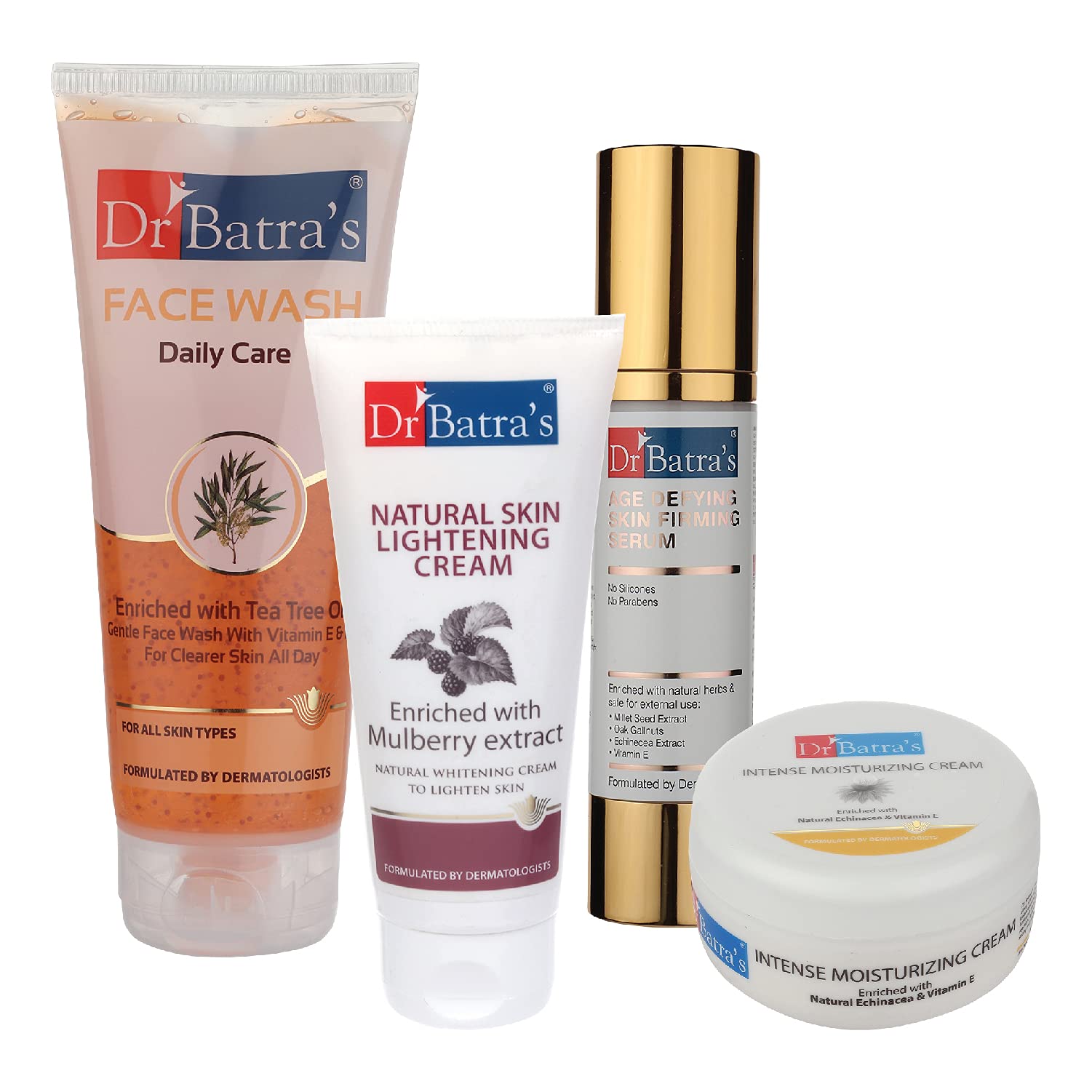 Dr Batra'sAge Defying Skin Firming Serum - 50 G, Face Wash Daily Care - 200 gm, Natural Skin Lightening Cream - 100 gm and Intense Moisturizing Cream -100 G (Pack of 4)