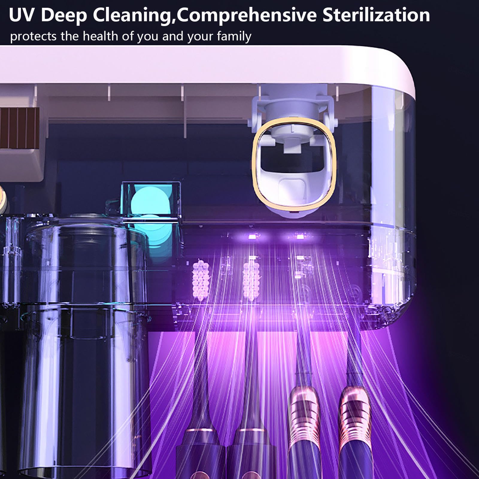 Soporte Cepillo De Dientes Inteligente Limpieza Profunda con UV, Toothbrush Holder Montado En La Pared con Múltiples Ranuras De Carga Solar USB, Soporte Cepillo Electrico,2-Cups