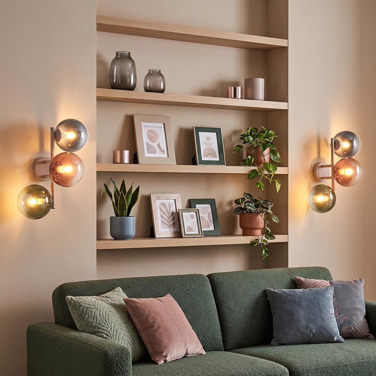 HOFSTEIN Wandleuchte Gastor 2er Set, moderne Wandlampe aus Metall/Glas in Sand/Weiß/Blau/Grün/Kupfer/Klar, Leuchte im Retro/Vintage-Design, Schirme Ø 15cm, 3 x E14, Schlafzimmer, Wohnzimmer, Esszimmer