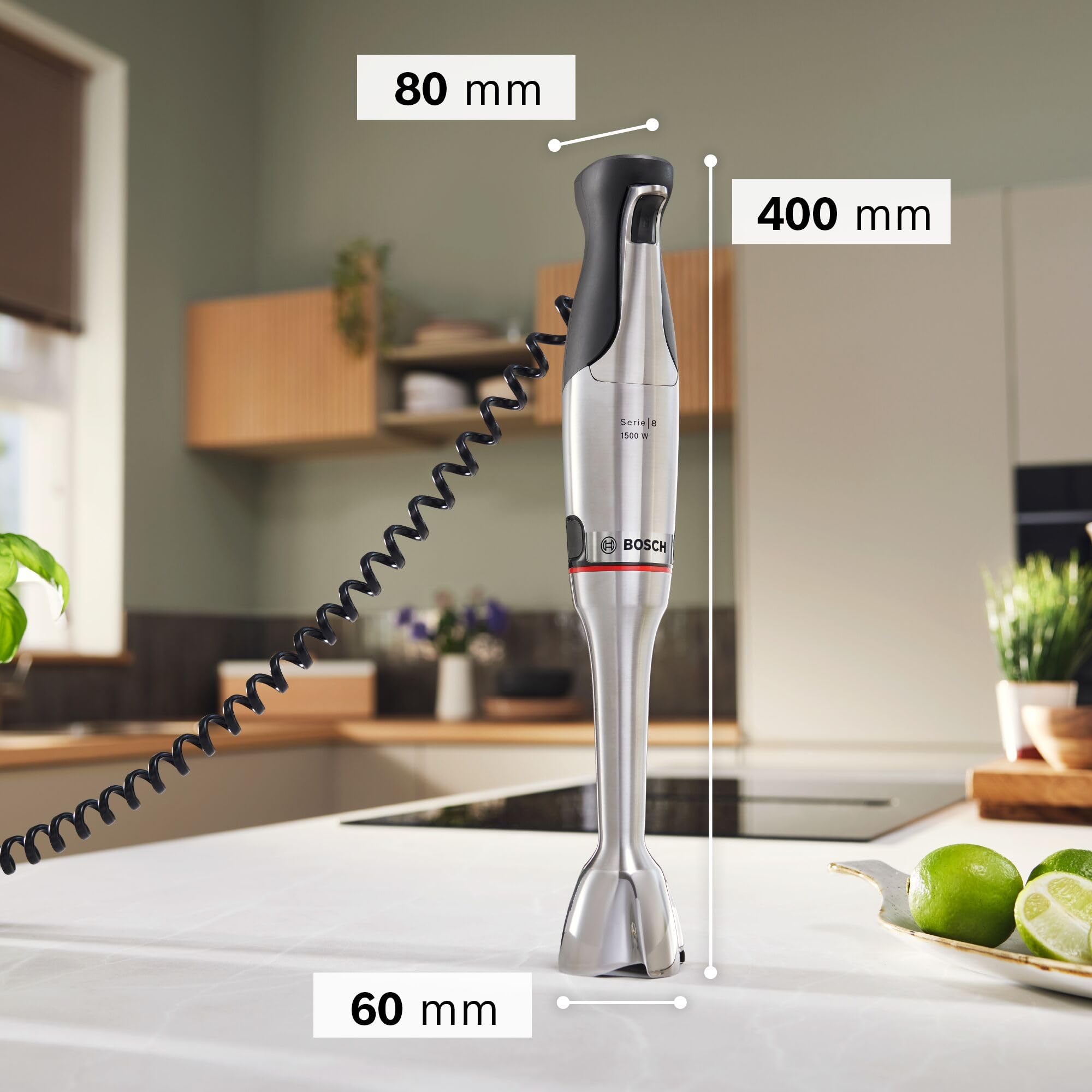 Bosch - Frullatore a mano, serie ErgoMaster 8, motore da 1500 watt, regolazione intuitiva della velocità, lama a 6 fogli, accessori inclusi, acciaio inossidabile, MSM8M934