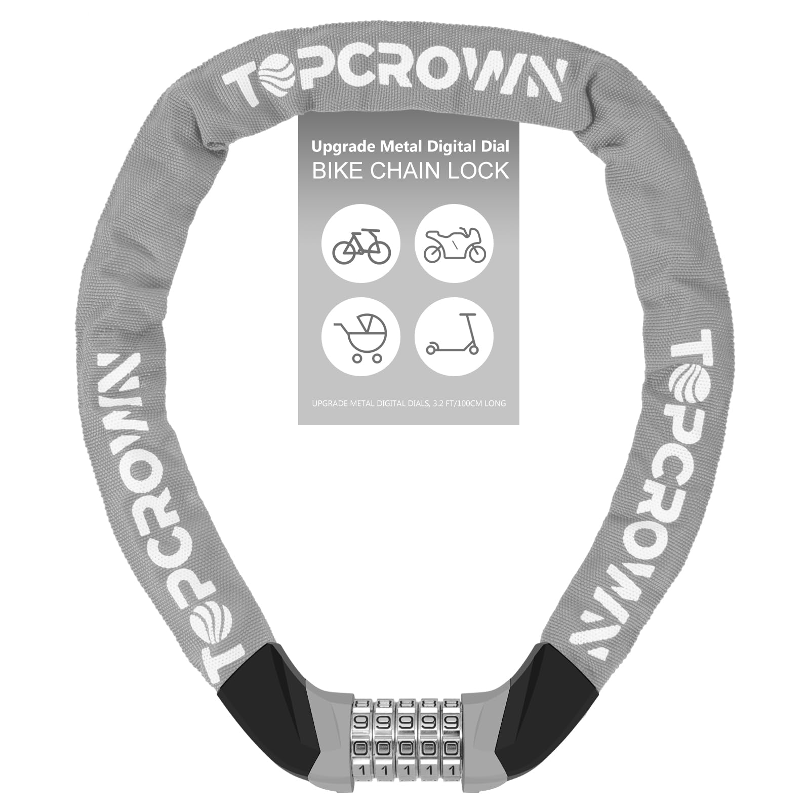 Bike Lock Upgrade Metal Digital Dials 3.2 ft Long High Security Heavy Duty Anti Theft Bike Chain Lock, 5 Digit Combination Keyless Bicycle Lock for Bike/Electric Scooter/Ebike/Motorcycle