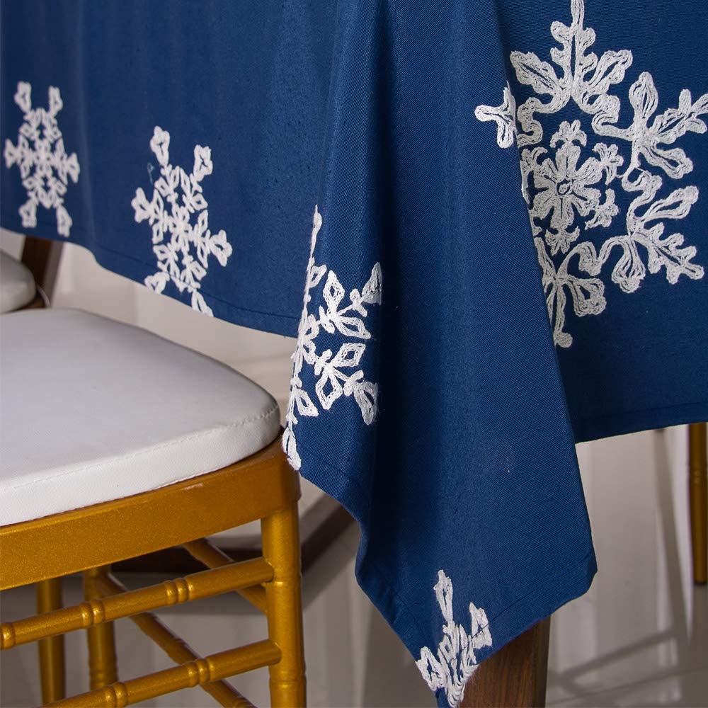 MolaxhomeFloral Embroidered Snow Tablecloth Christmas Cotton Blend Table Cloth Cover for Home Kitchen Dining Entertaining Tabletop Serveware (55x86 inch, Christmas Blue)