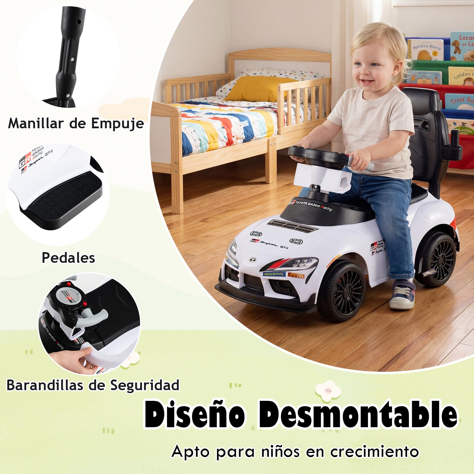 GOPLUS Correpasillo 3 en 1, Coche Correpasillos para Niños con Barra de Empuje, Barandilla de Seguridad Desmontables, Volante con Sonido y Música, Almacenaje bajo Asiento, para 1,5-5 Años (Blanco)