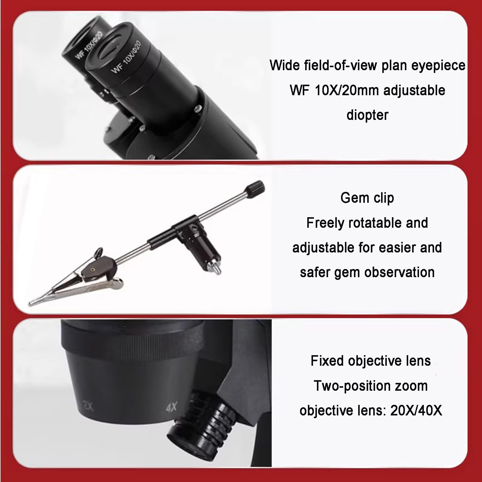 Microscopio Binocular Estereoscópico con Zoom para Análisis De Gemas, Aumento De 20/40X, Oculares WF10x/20 Mm, Iluminación Superior/Inferior, Condensador De Campo Oscuro