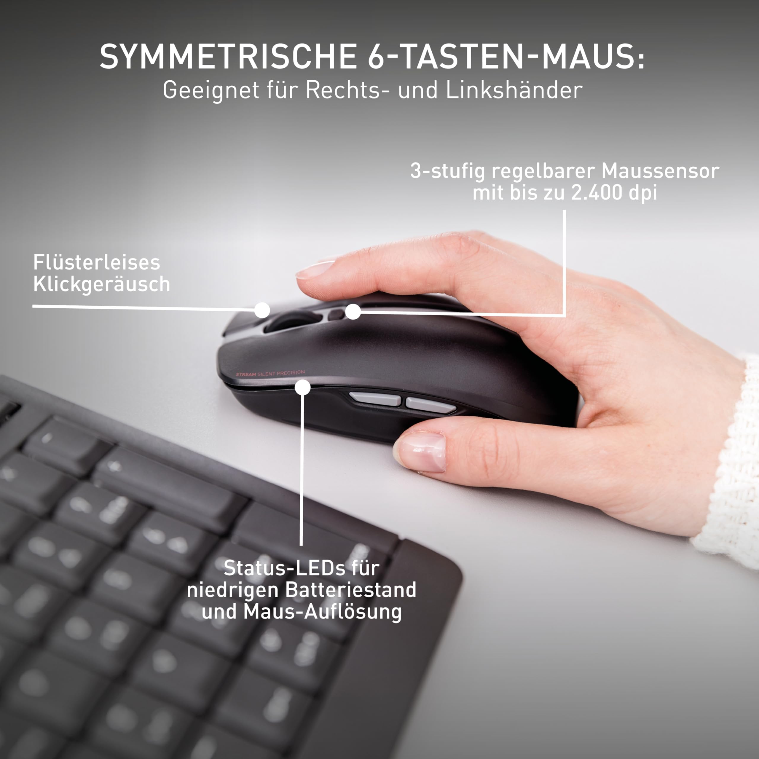 CHERRY Stream Desktop Recharge, Kabelloses Tastatur-Maus-Set, Deutsches Layout (QWERTZ), 2,4 GHz Funk, Leiser Tastenanschlag, Wiederaufladbar, Schwarz