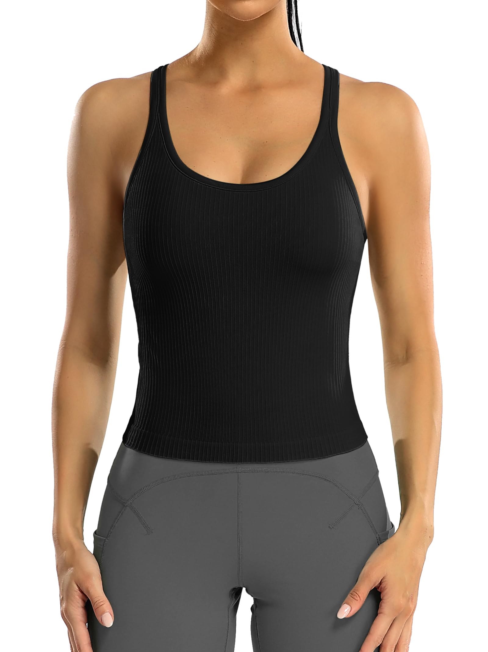 ATTRACO Women Ribbed Workout Crop Tops with Built in Bra Yoga Racerback Tank Top Tight Fit