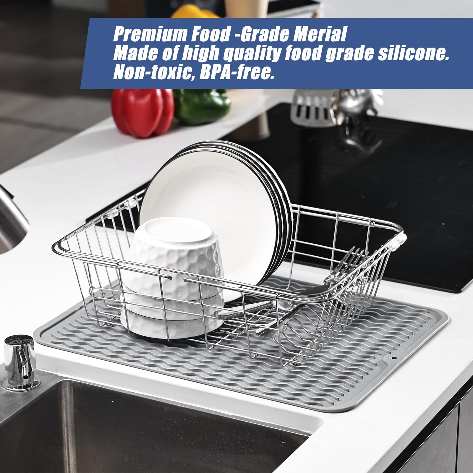 Elitium Tappetino Scolapiatti In Pietra Diatomite 61x40,6 Cm Grigio - Asciugatura Rapida, Antiscivolo, Con Panno In Microfibra, Pieghevole