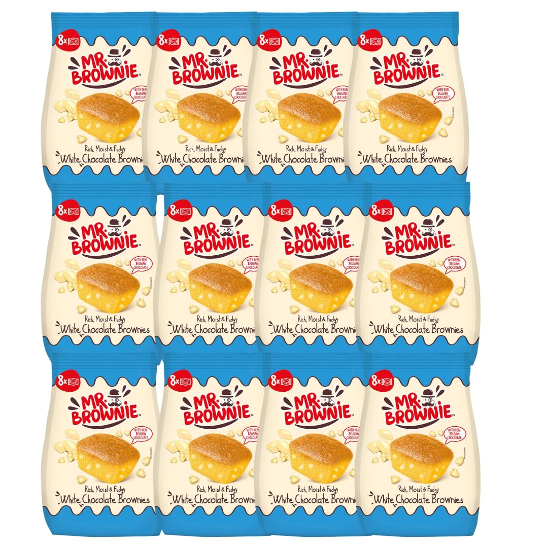 Mr. Brownie Blondies de Chocolate Blanco Belga – Pack de 12 Bolsas (8 Blondies por Bolsa) – Bizcochitos Suaves y Jugosos con Pepitas de Chocolate Blanco – Snack Dulce Envasado, Ideal para Meriendas
