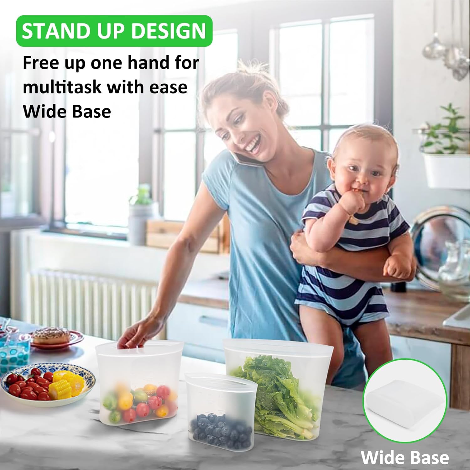 100% Platinum Silicone Reusable Storage Bags, 12 Pack, Premium Silicone Food Storage Bag Stand-Up Wide-Mouth Zip-Lock, Freezer Microwave Oven Dishwasher Safe, 4 M + 4 S + 4 XS, Crystal-Clear - Image 5