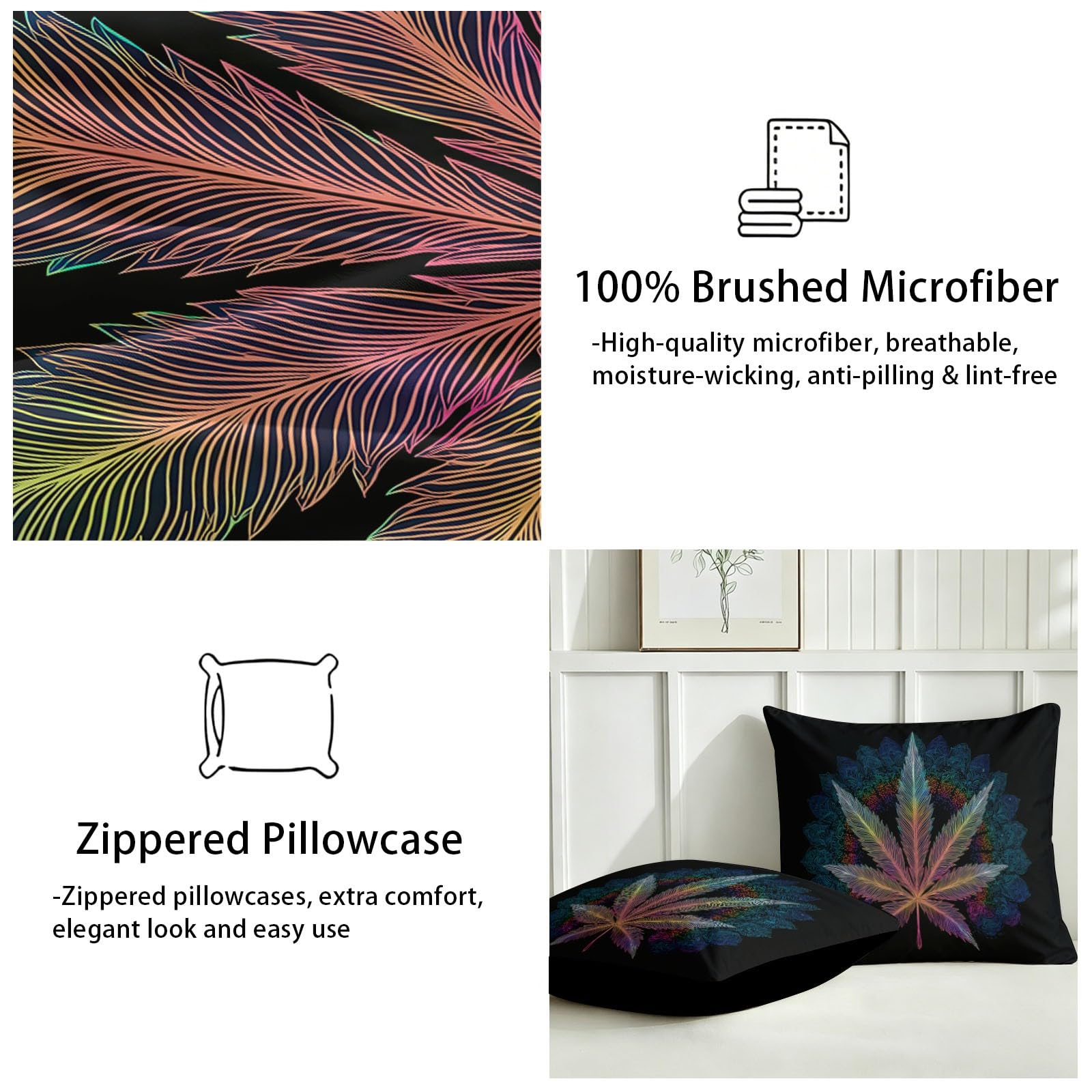 Biancheria da letto simmetrica con pianta di canapa e mandala, colore nero, stile psichedelico streetwear, in morbida microfibra, 155 x 220 cm, con 2 federe da 80 x 80 cm, per bambini, ragazze e