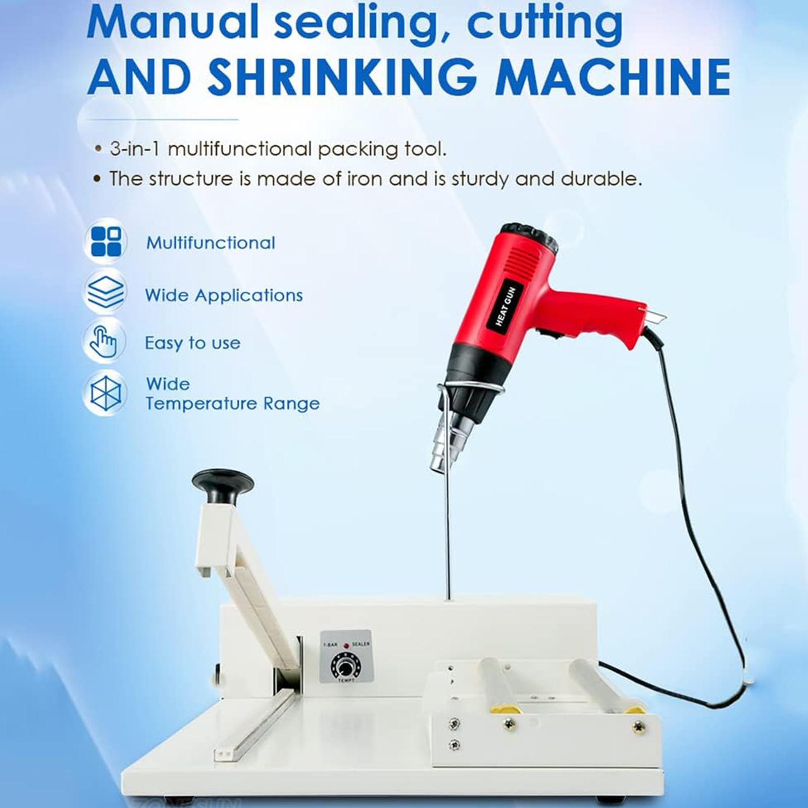 Máquina de envoltura retráctil, máquina de sellado térmico con pistola de calor de velocidad ajustable, máquina de embalaje termorretráctil, sellado y corte simultáneos para película POF de PVC (30