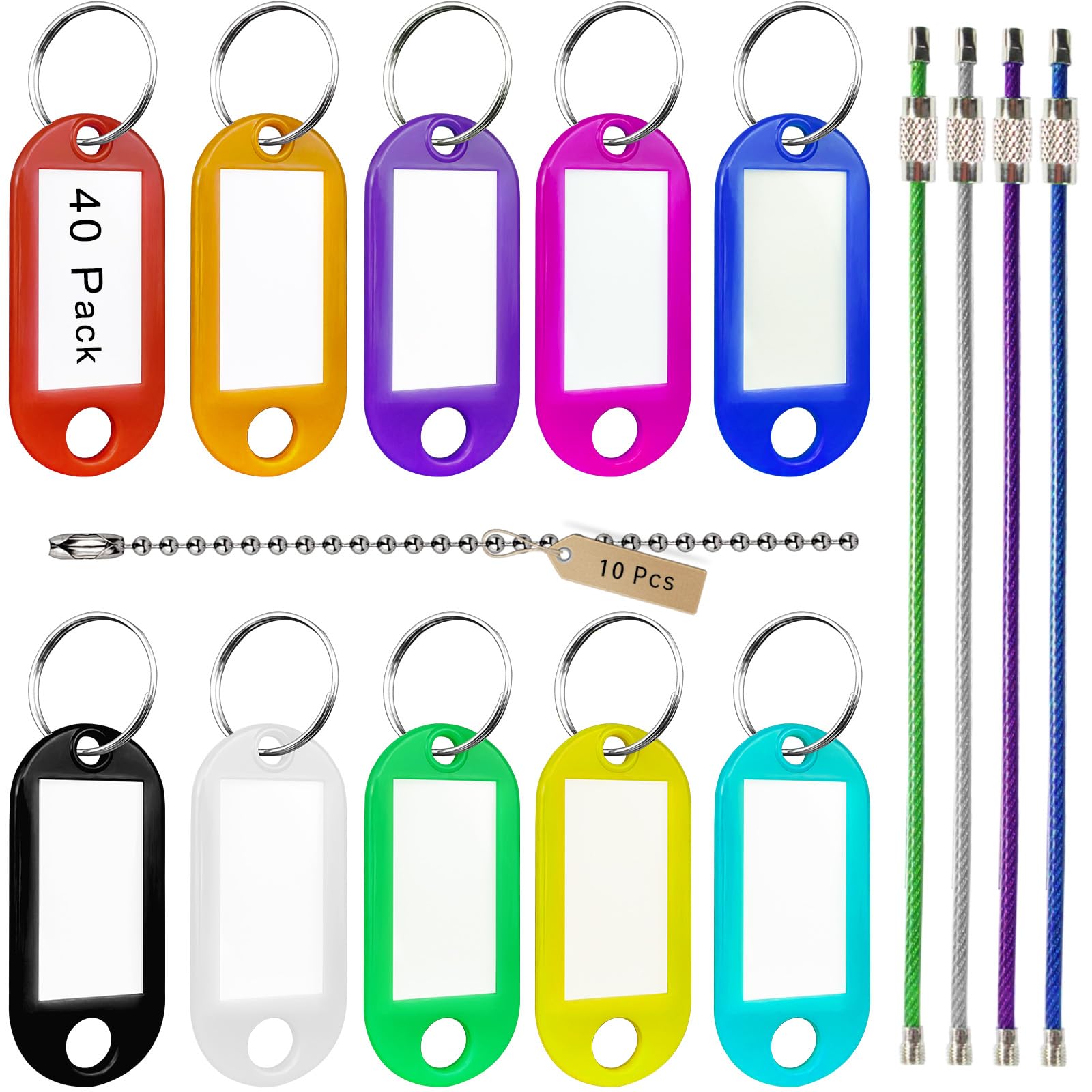 NAUWER 40 Pack Plastic Key Tags with Key Chain Ring, 10 Ball Chains & 4 Cable Key Rings, key Labels Set for Home Office School Travel Luggage Key