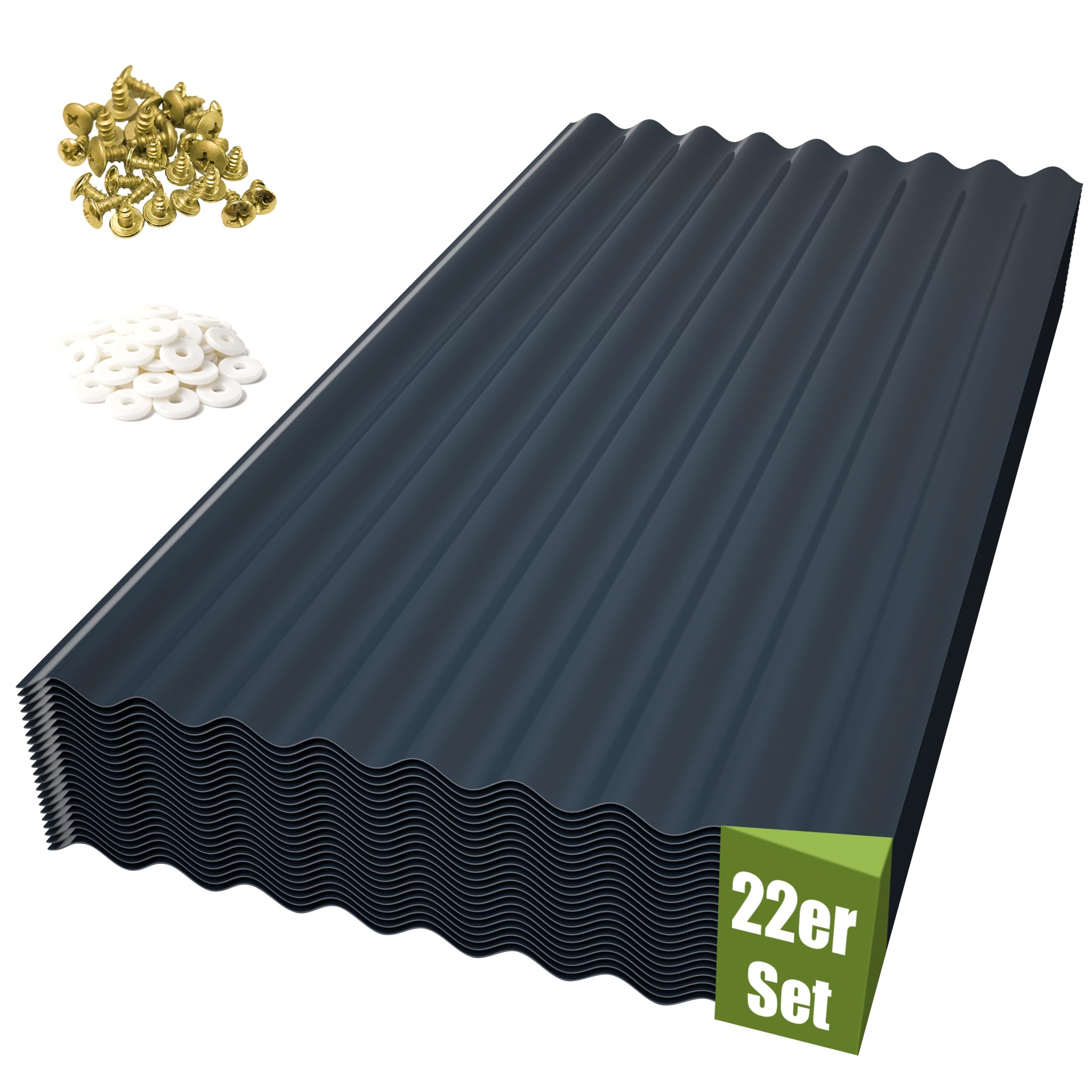 Thanaddo Wellplatten Anthrazit, 22er Set Wellplatte Dach Kunststoff Welldach mit Schrauben, wetterfest Dachplatten UV beständig, 1mm Stärke - 56 x 108 cm - 22 Stück