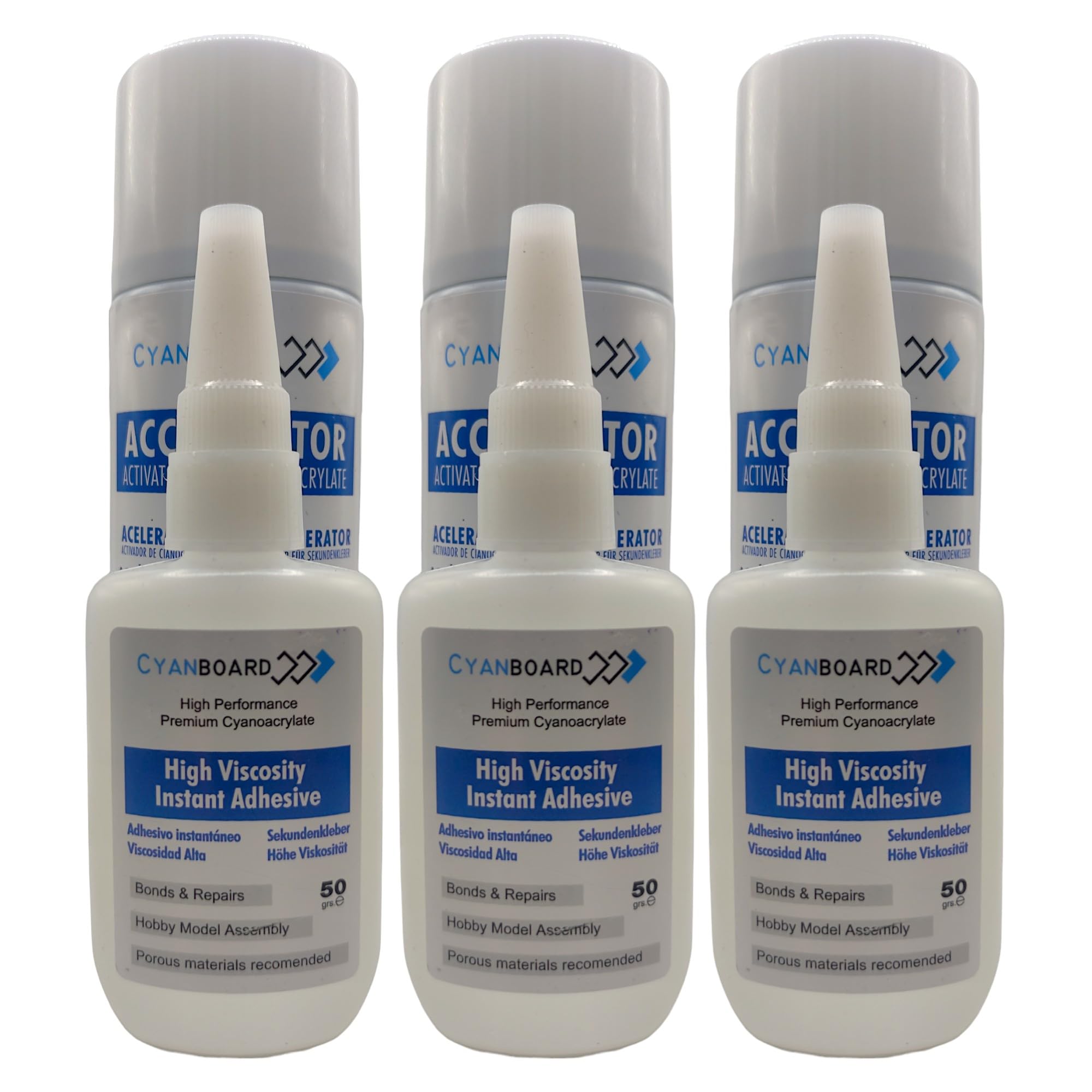 Cyanboard, Kit 3 X adhesivo de cianoacrilato de alta viscosidad (3 X 50grs) + 3 X Activador acelerador tapa poros (3 X 200ml). Adhesivo instantáneo para materiales porosos: madera, goma, cuero.