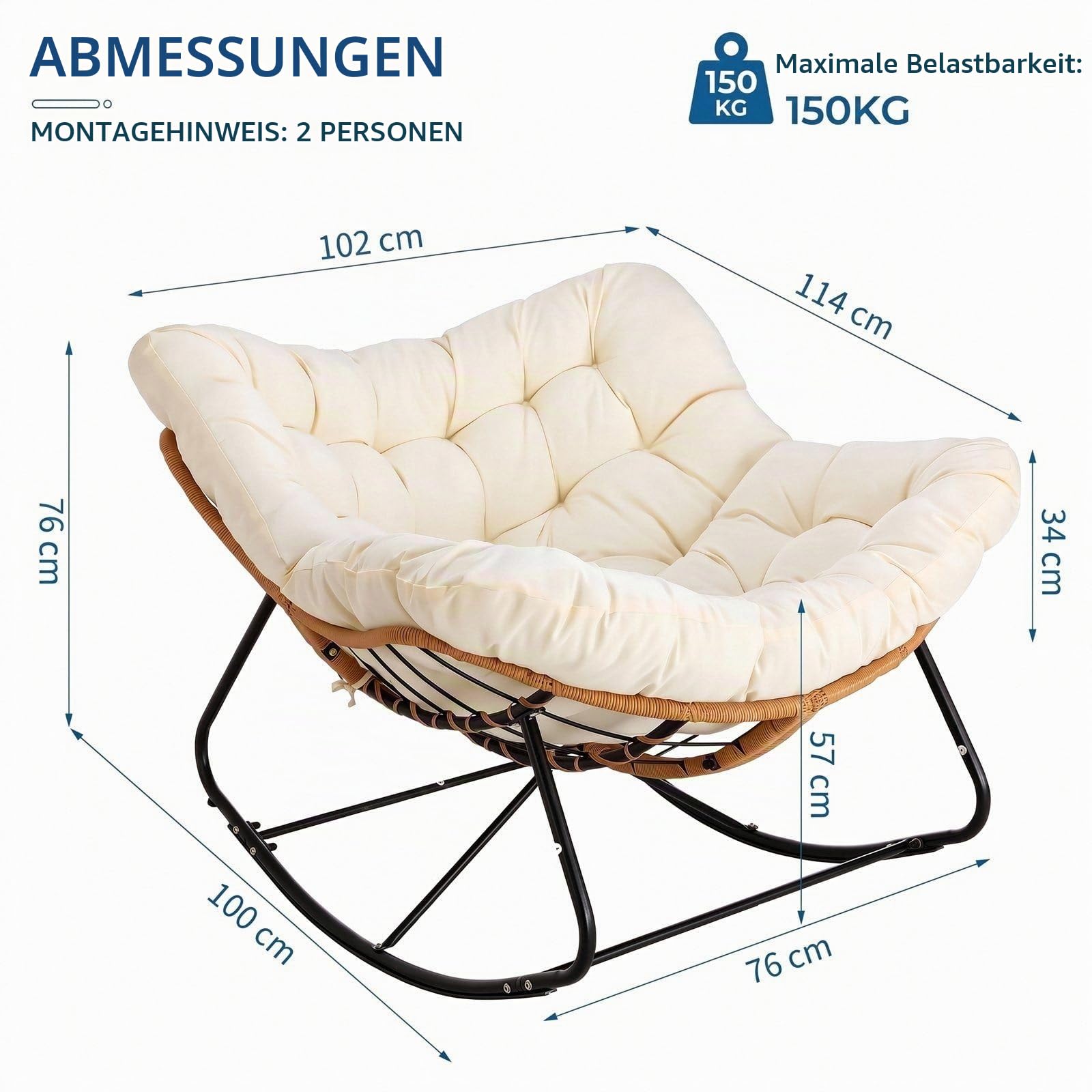 LIFERUN Schaukelstuhl mit Rattan, Ei-Schaukelstuhl, Belastung 150 kg, Beige | Schaukelsessel Oversized, mit dickem Abnehmbar Polster, Metallrahmen, Loungesessel für Garten Balkon Wohnzimmer