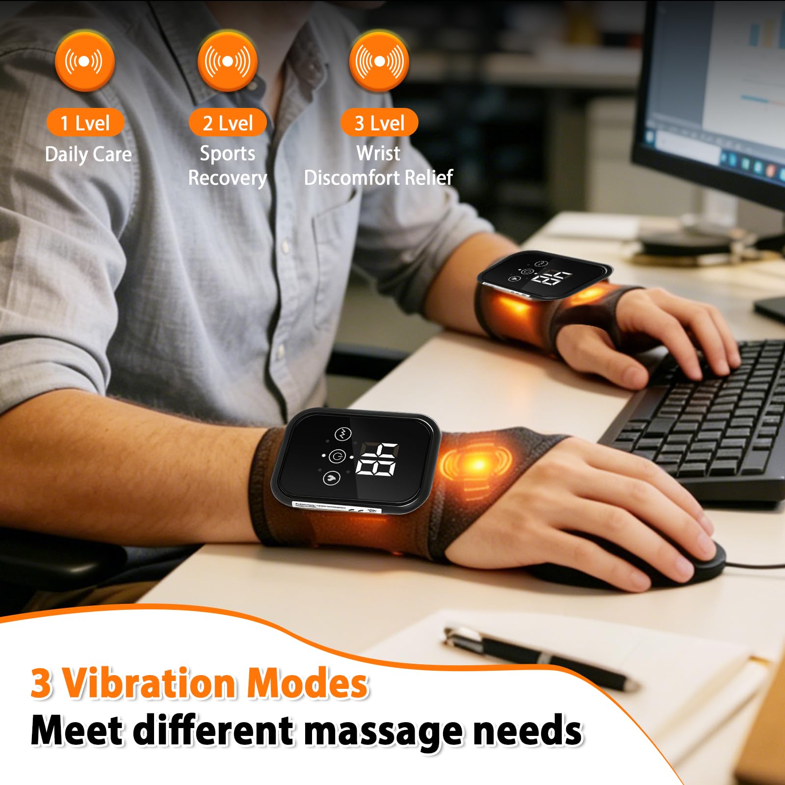 Handgelenk Massagegerät mit Rotlichttherapie, 3 Heizstufen & 3 Vibration | Wiederaufladbare, Kabelloses, Handmassagegerät, Linderung bei Karpaltunnelsyndrom, Arthritis, Schwarz, 2 Stück