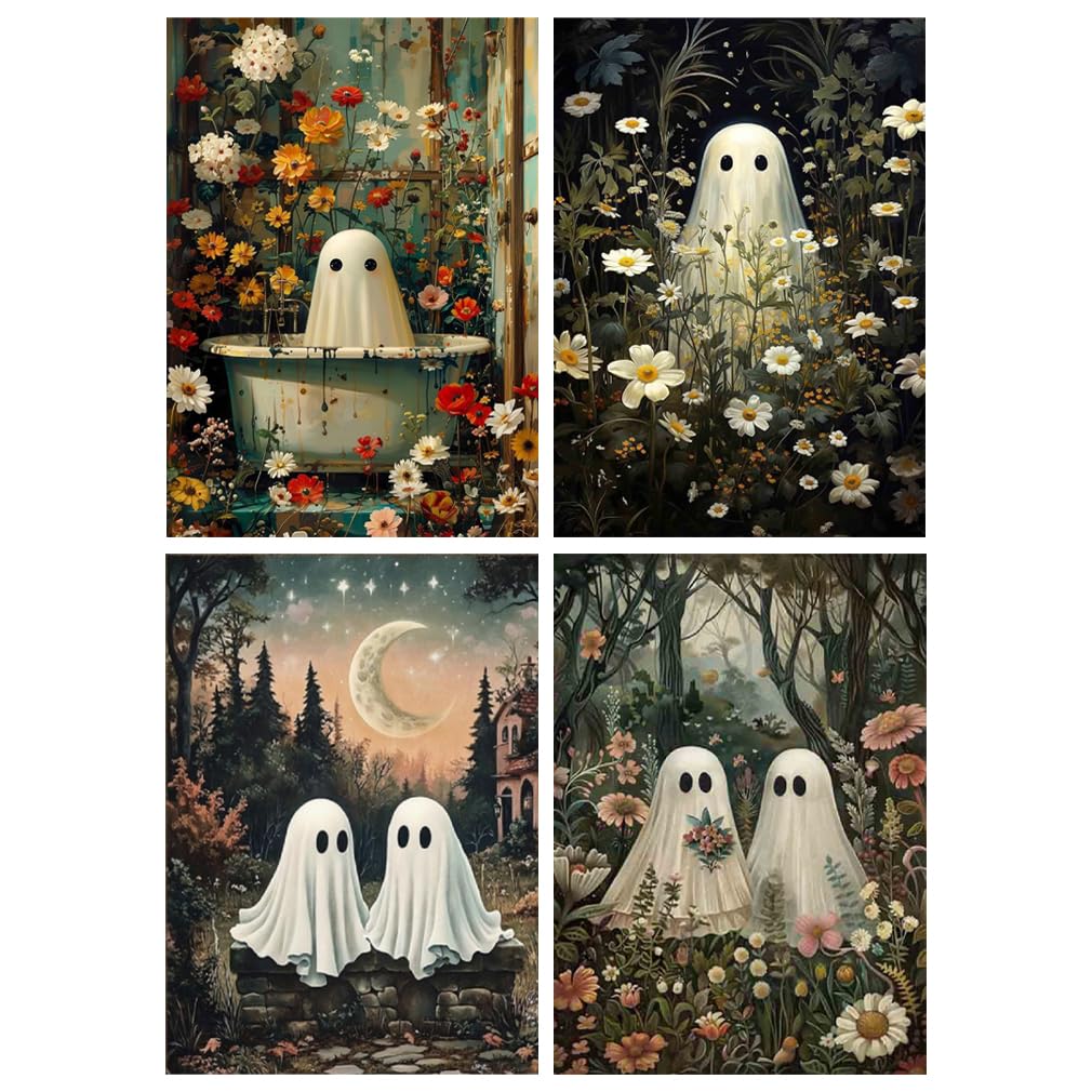 Jakener Paint Number-Halloween-26-5 4 Pack Ghost House Paint By Numbers Kit For Adults Beginner,Halloween Easy Adult Paint By Number Kits On Canvas Diy Painting For Beginners Art By Numbers For Home Wall Decor 16X12inch