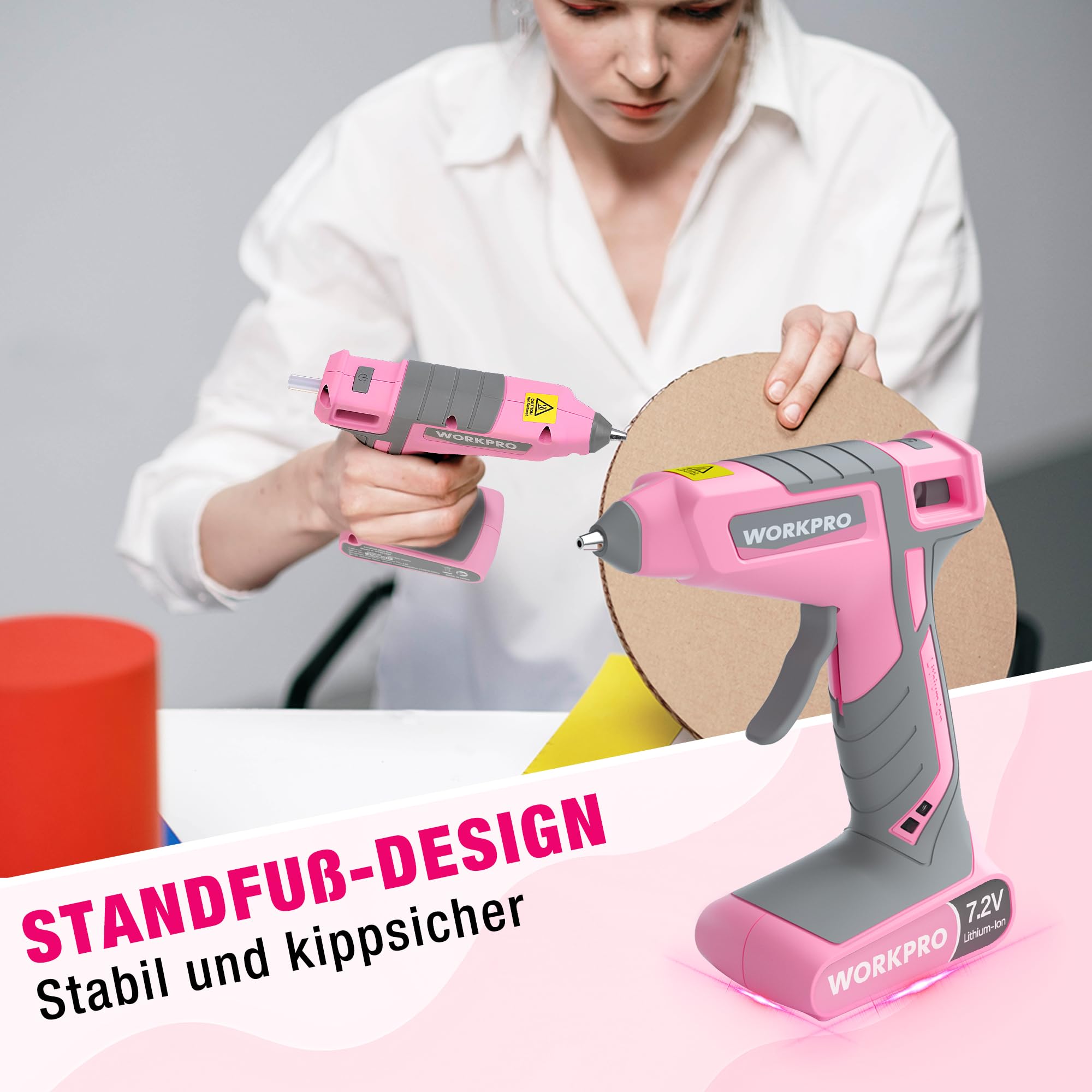 WORKPRO Heißklebepistole Akku 7,2V, Kabellos & mit Kabel Verwendbar, Akku Klebepistole mit 20 Klebesticks, 30s schnelle Aufheizung, Schnelle Klebstoffabgabe, USB-C-Aufladung, für Handwerk, Dekoration
