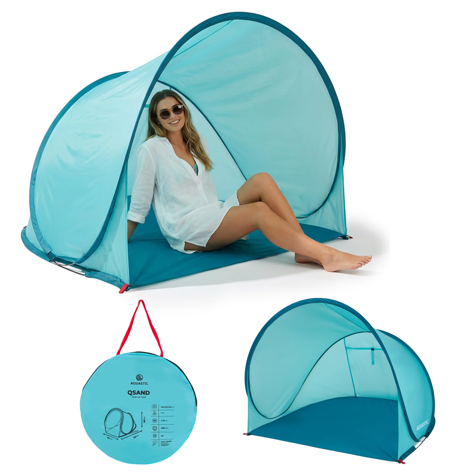 AQUASTIC Qsand Beach Tent | automatyczne rozkładanie w 3 sekundy | ochrona przed promieniowaniem UV 50+ | wodoszczelny 1000 mm | ultralekki (1 kg) i kompaktowy (70 cm) | z zamykanym wejściem | idealny