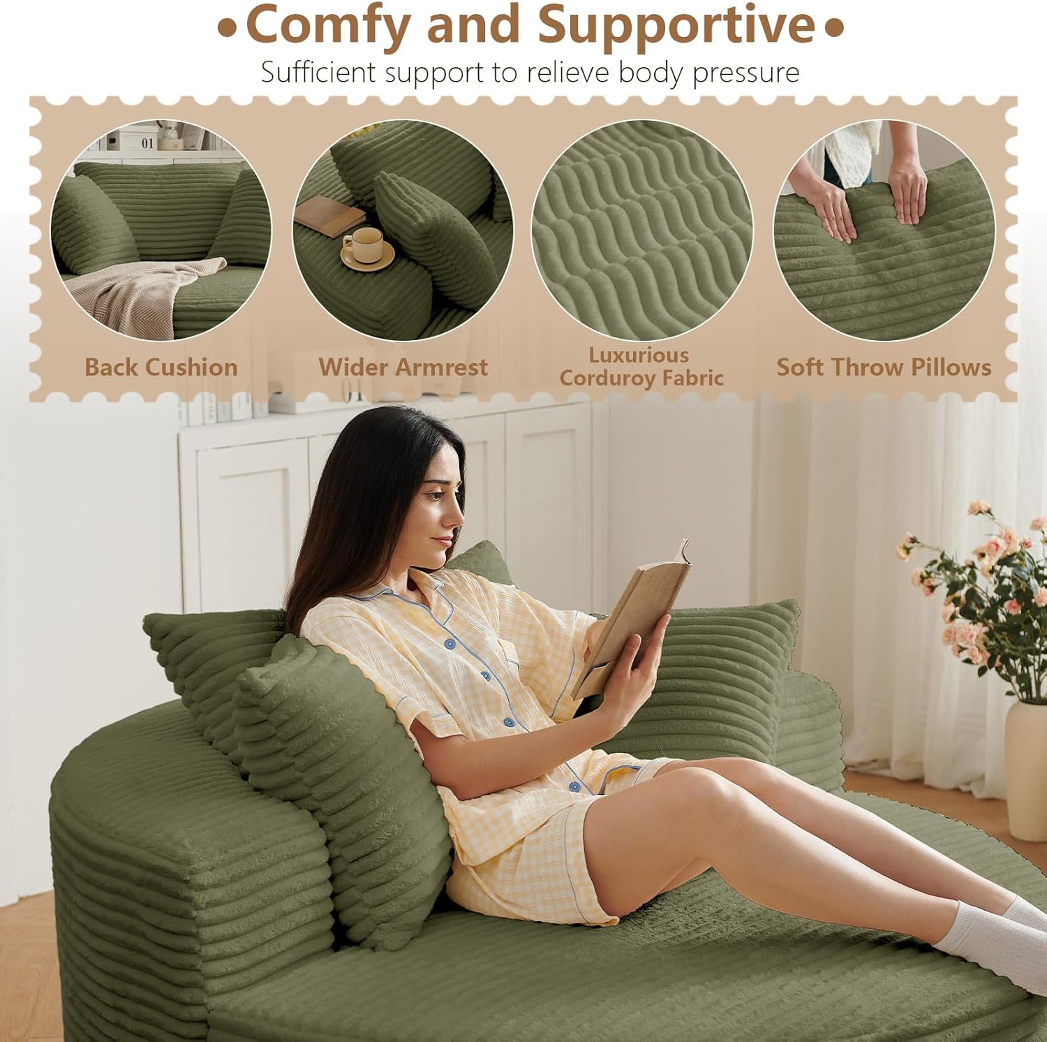 Oversized Round Chair Lounge Chaise Indoor, Upholstered Corduroy Deep Seat Cloud Large Circle Sofa Chair, No Assembly Required, Fluffy Modern Sleeper Sofa Bed for Reading, Living Room, Bedroom, Green