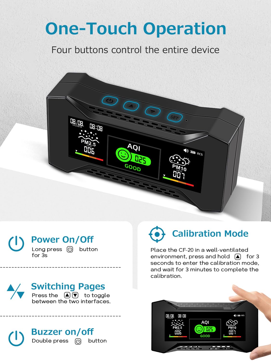 CF-20 monitor della qualità dell'aria 10 in 1 è un misuratore di alta precisione PM2.5 PM10 CO2 HCHO TVOC con 6 indicatori visivi AQI, display a doppia pagina, ricaricabile per casa e ufficio (1 PCS)