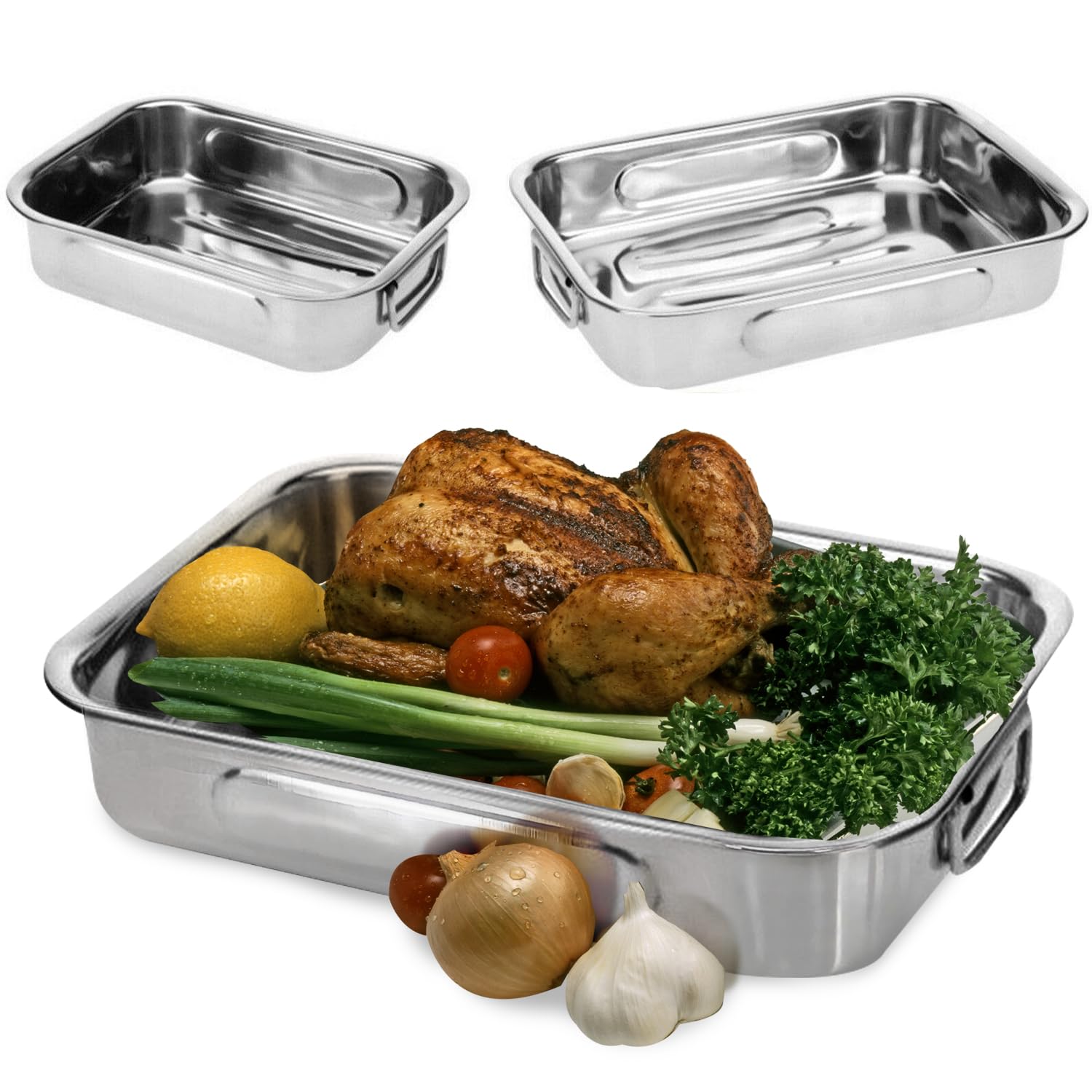 GEEZY Set of 3 Roasting Baking Tin Trays Cooking Oven Dish Bakeware Stainless Steel