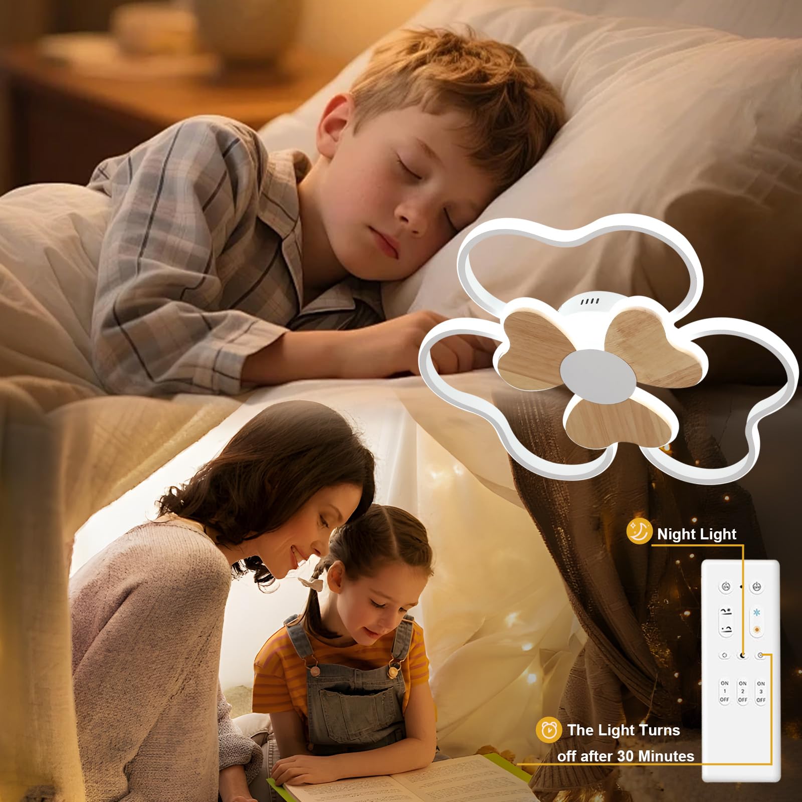 Lampara Infantil Techo 36W Lampara Techo LED Infantil Dormitorio Forma de flor Madera 3000K-6000K Regulable con Control Remoto, Plafón LED Techo de 42CM para Cuarto de Niños Dormitorio