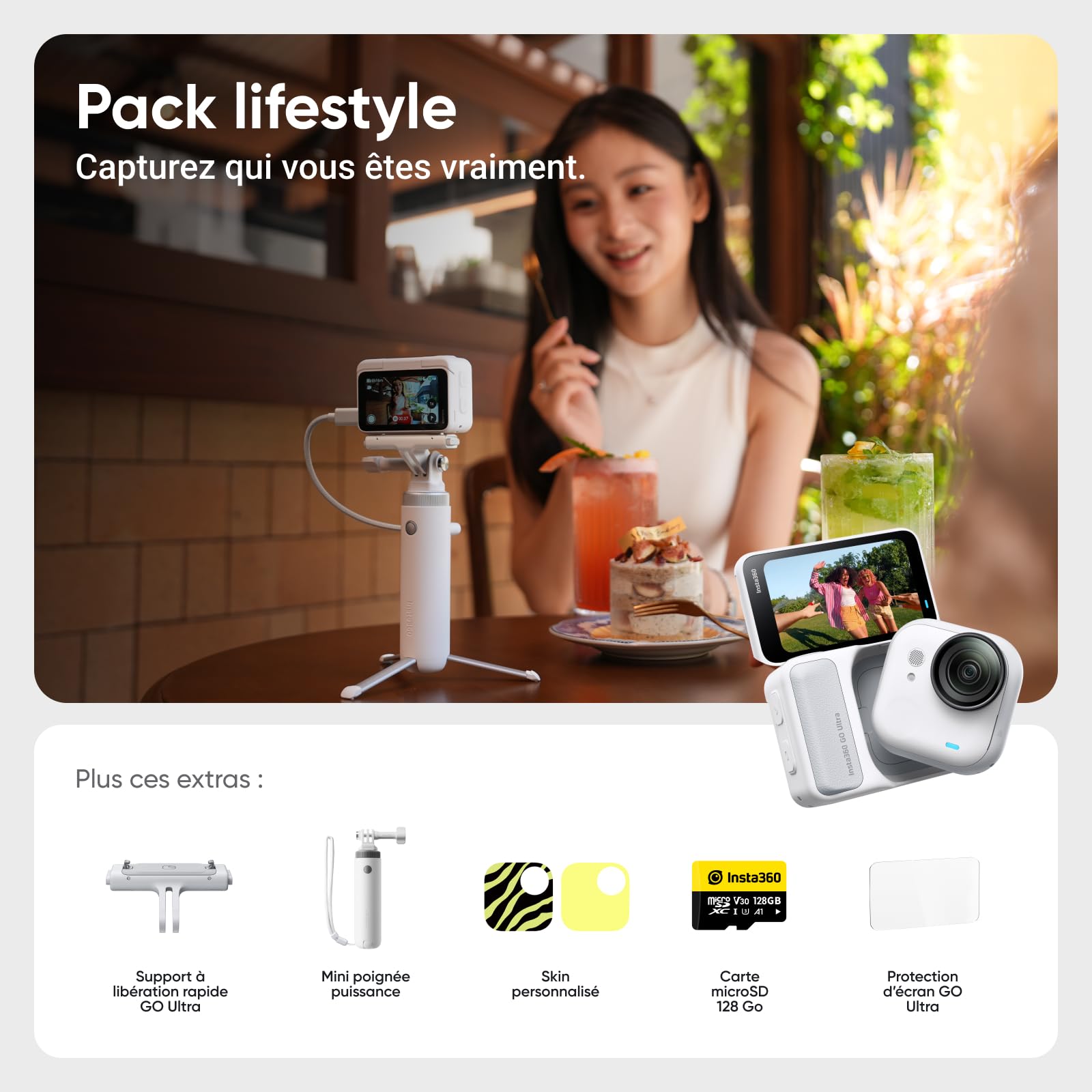 Insta360 GO Ultra Pack Lifestyle Blanc- Petite 4K caméra vlog, Mains Libres, caméra POV, capteur 1/1.28", 53 g légère, Champ de Vision 156°, 200 Min d'autonomie, Action cam Portable pour Le Sport