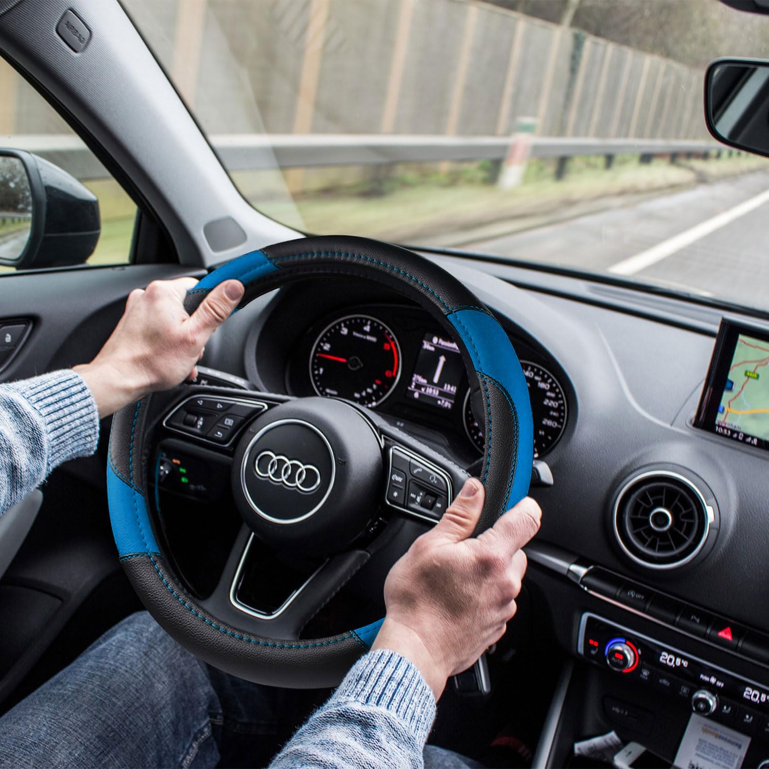 Coprivolante per auto, in pelle, antiscivolo, traspirante, in microfibra, universale, adatto alla maggior parte delle auto (blu 2)