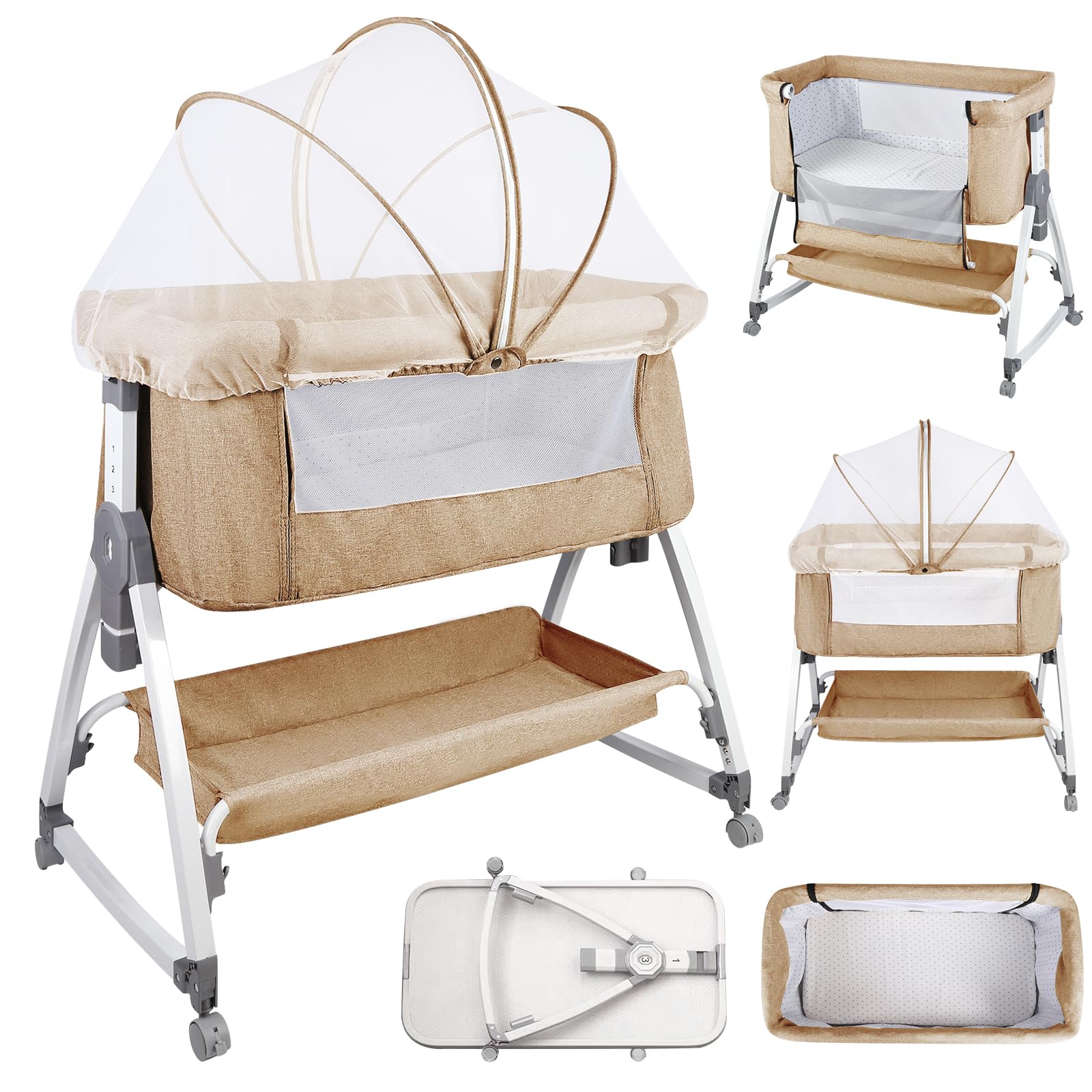 HUOLE Cuna 3 en 1 hasta 30 kg, Cuna de colecho, Cuna Mecedora, Ajuste de Altura e inclinación del colchón, 4 Ruedas con Freno, Colchón Ergonómico, Bolsa-80 * 40 * 100-115cm-blanquecino