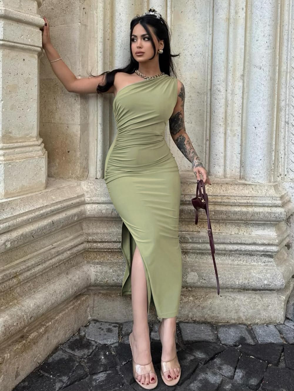 Robe Femme Sexy sans Manches Une Épaule Robes Longue Moulante Chic et Elégant Bodycon Maxi Robe Plissée de Soirée D'éte Couleur Unie Wrap Robes avec Fendue pour Clubbing Cocktail Prom Fête