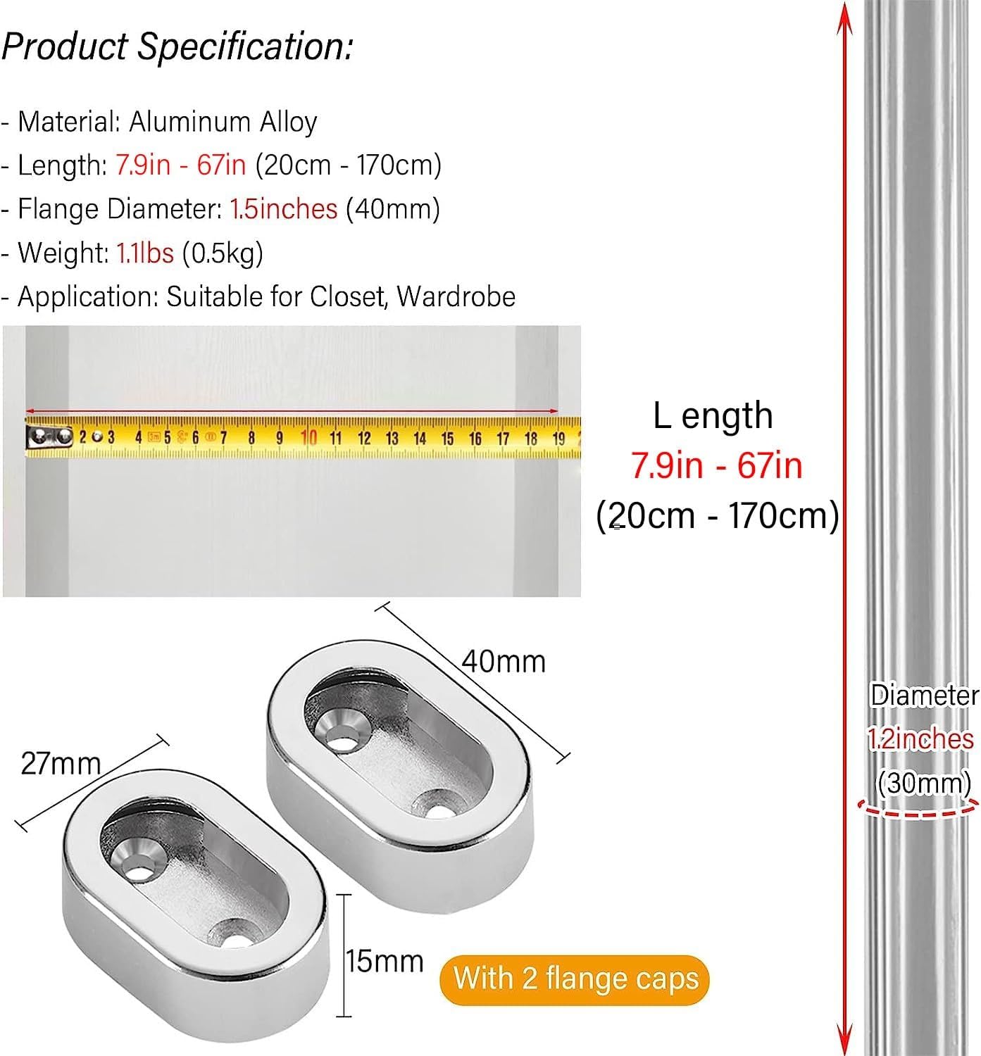 Closet Rod Support Bar 8 18 24 36 48 50 67 Inch,Oval Wardrobe Hanging Rail/Cabinet Crossbars Holder With 2 End Bracket Flange Caps & Non Slip Surface,Gold Silver Cabinet Wall Rods