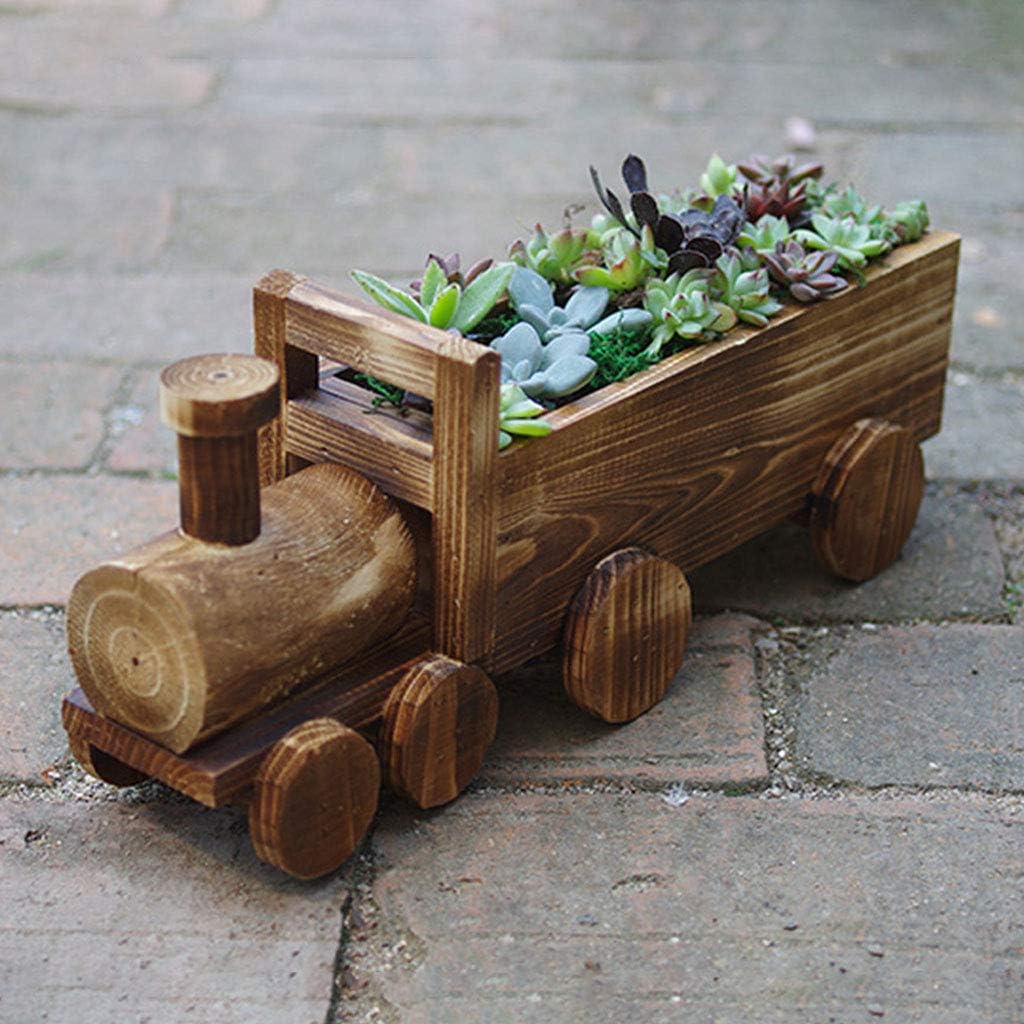Train Flower Pot Handmade Retro Wooden Succulent Plant Potted Bonsai Planter Home Garden Decoration