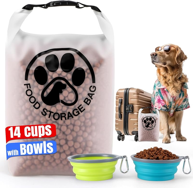 Bolsa Transparente para Armazenar Ração de Cães com Fechamento Roll-Top e Tigelas Aosnare – Capacidade para 14 xícaras