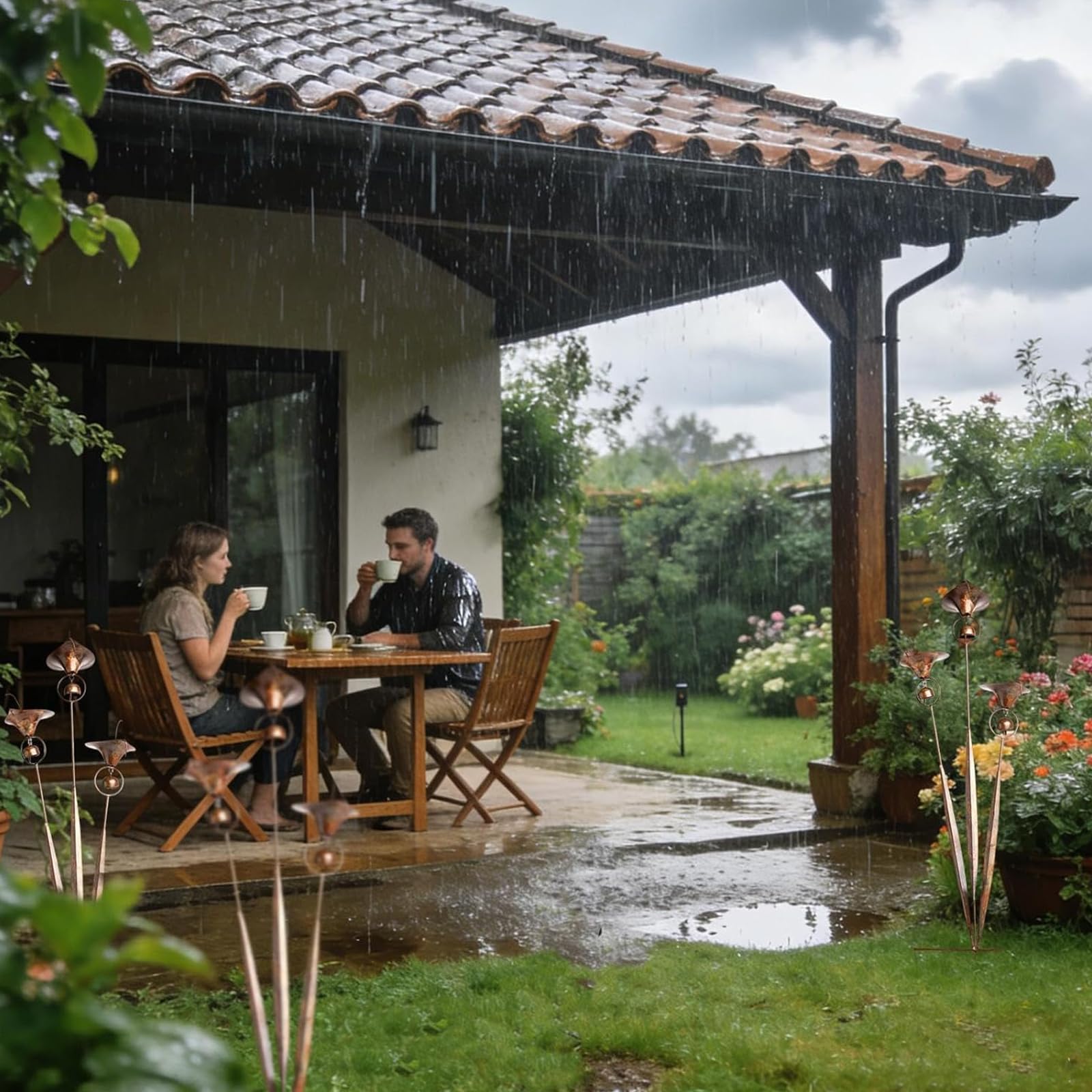 HTU Trzy kalie Lilie ogrodowe, 24-calowe metalowe kwiatowe ozdobne paliki ogrodowe z dzwoneczkami, ręcznie robione dekoracje zewnętrzne Stawki na zewnątrz Patio Yard Pathway Decor-2PCS